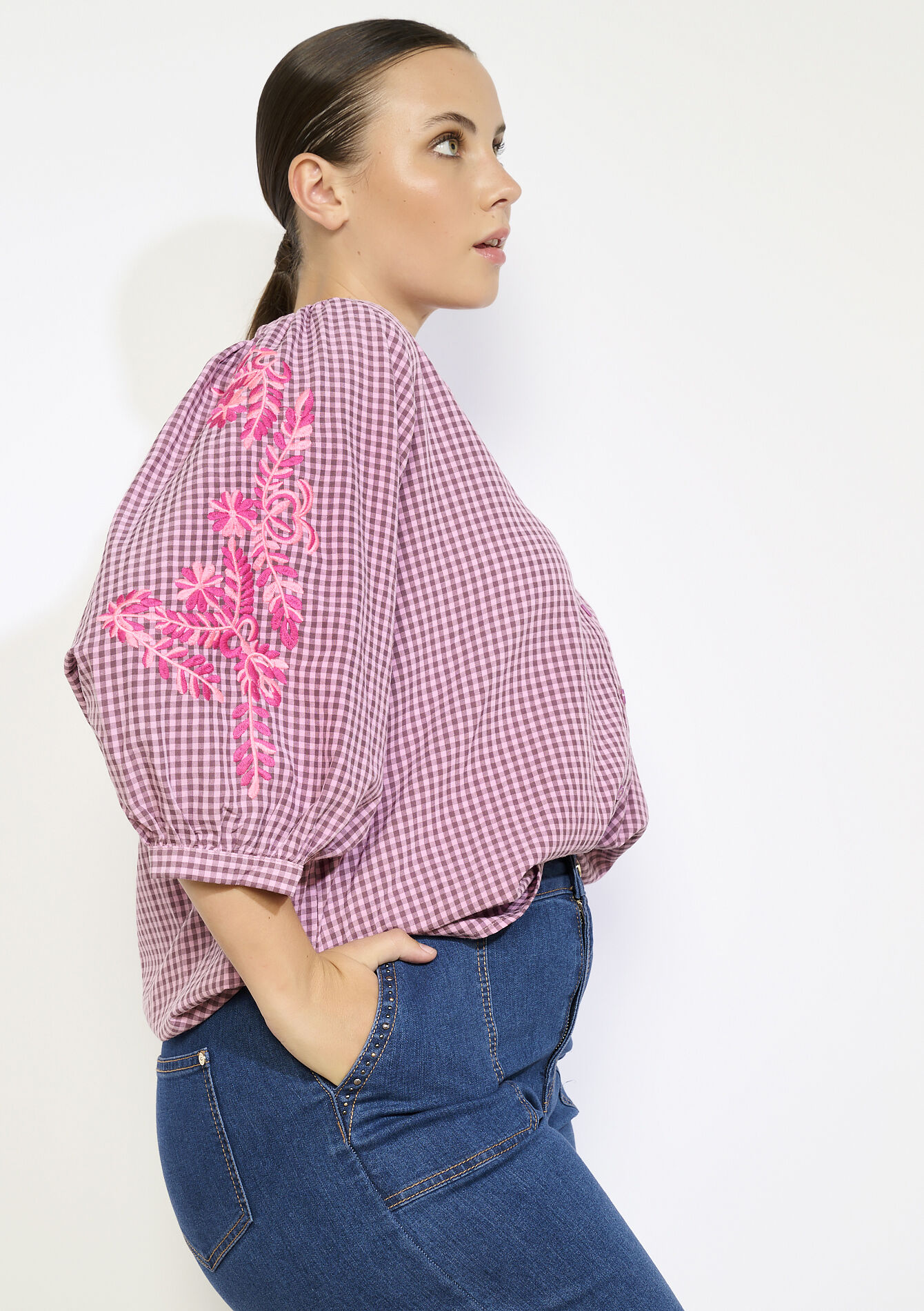 Embroidered gingham shirt, Embroidered gingham shirt - PINK BUBBLEGUM - 05702912_1477