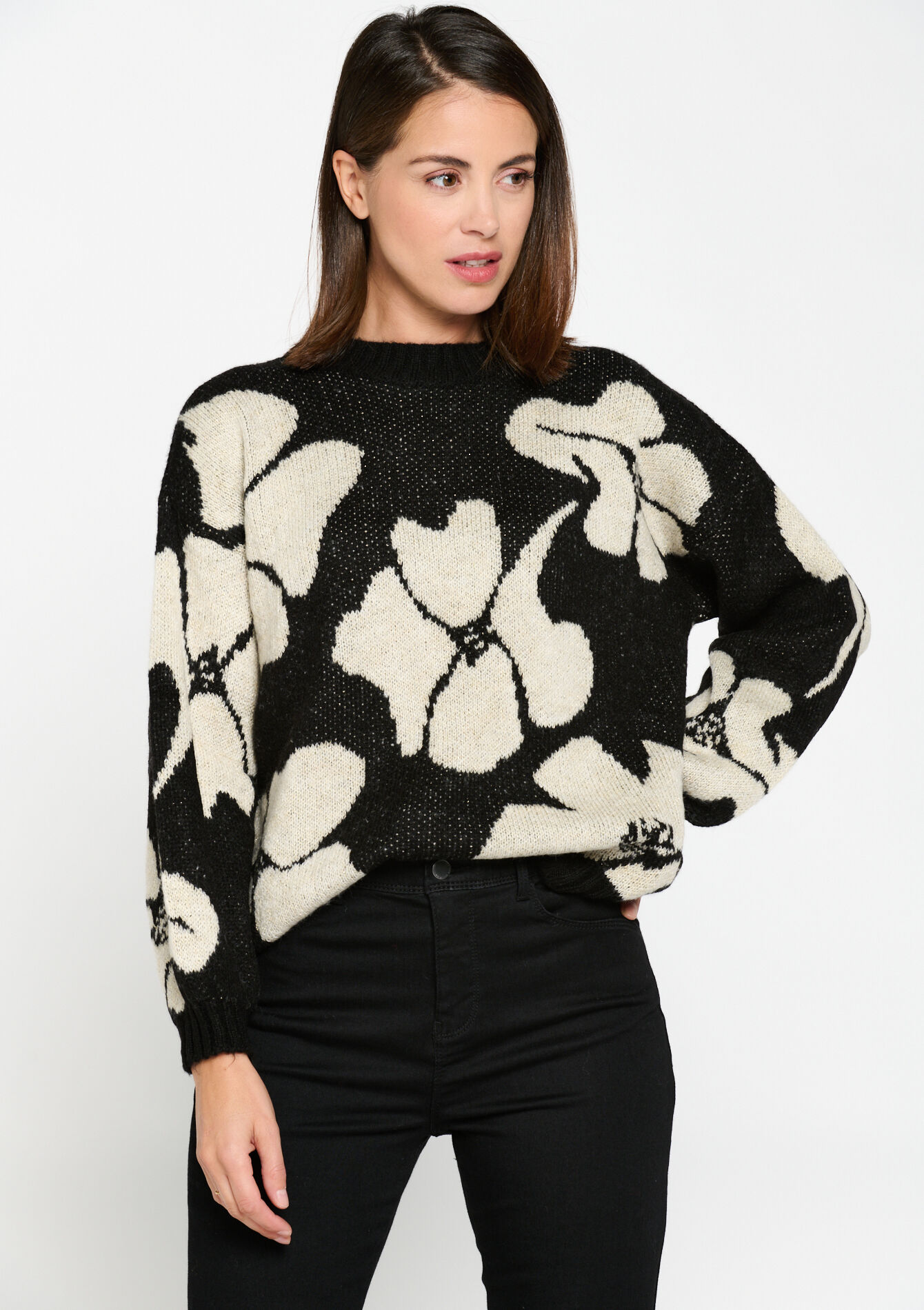 Jacquard pullover with floral print, Jacquard pullover with floral print - BLACK - 04006342_1119