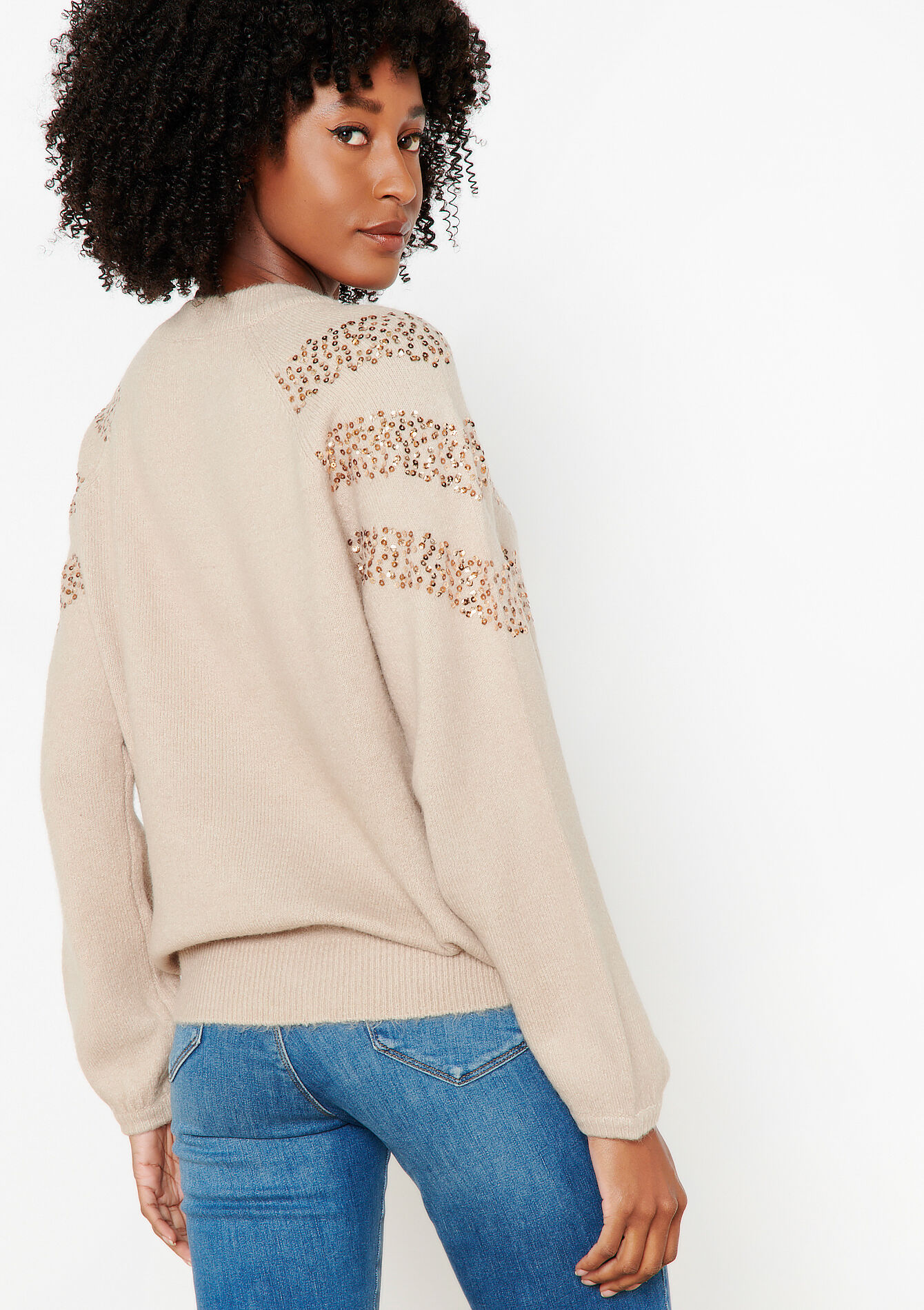 Pullover with mossy yarn and pailettes - LT BEIGE - 04006159_2527