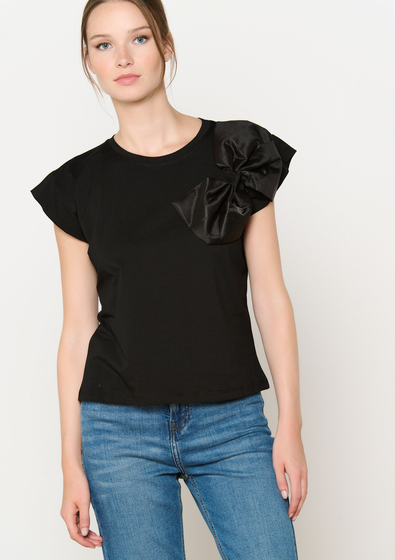 T-shirt met satijnen strik, T-shirt met satijnen strik - BLACK - 02301657_1119