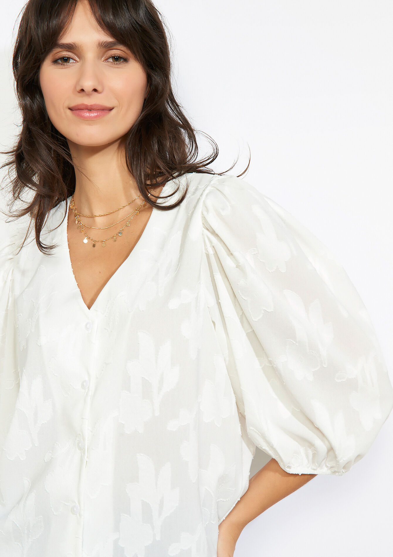 Losvallende jacquard blouse - OPTICAL WHITE - 05703043_1019