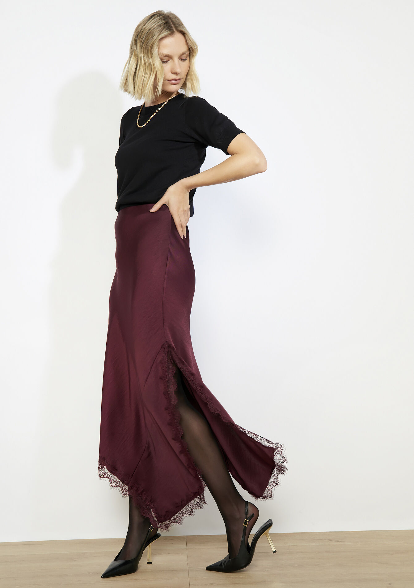 Jupe midi en satin, Jupe midi en satin - AUBERGINE - 07101466_1537