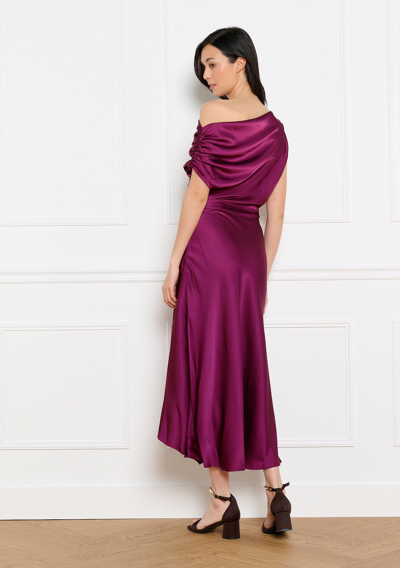 Draped satin midi dress - RED FRAMBOISE - 08104457_1496