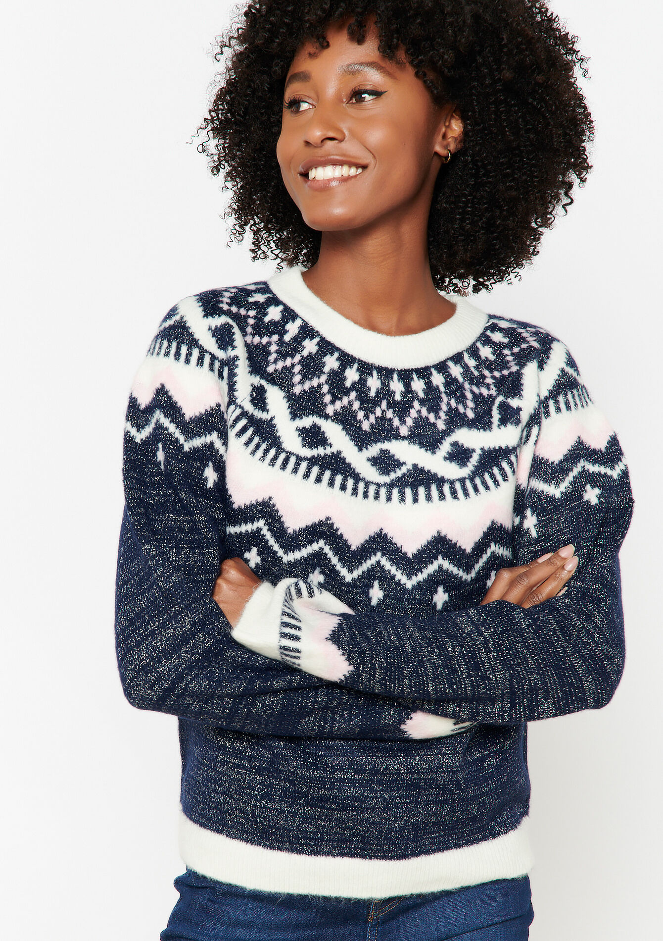 Jacquard pullover with lurex, Jacquard pullover with lurex - DARK BLUE - 15100242_0501