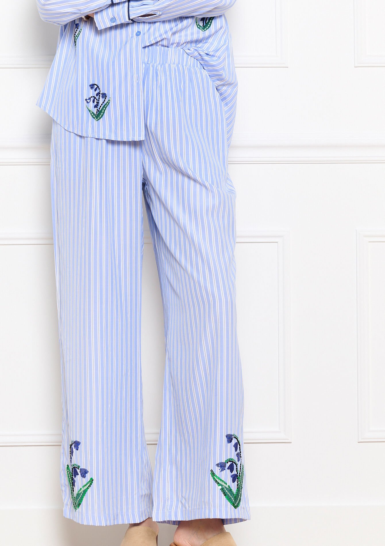 Pantalon fluide brodé - BLUE PASTEL - 06601125_3003