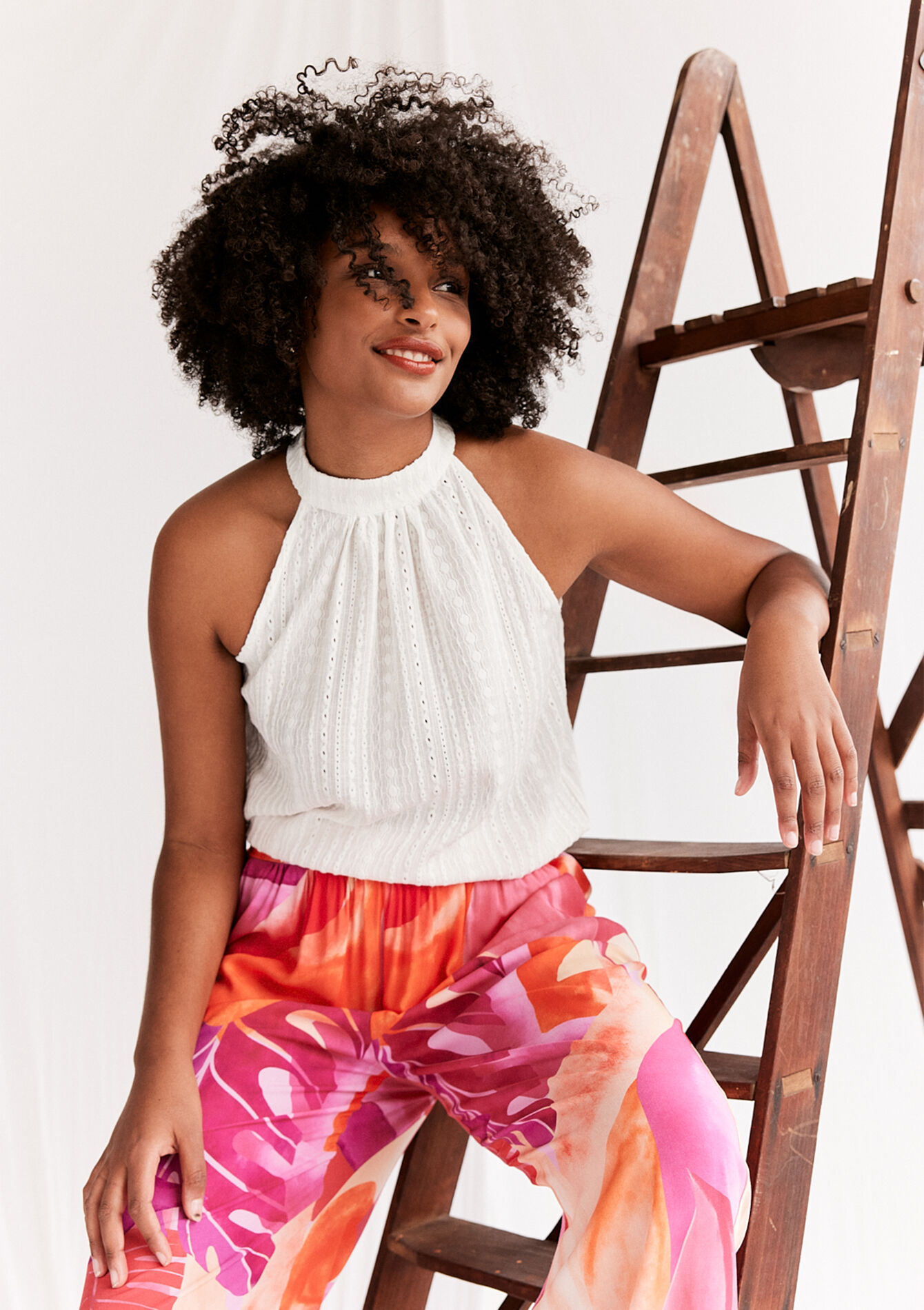 Débardeur brodé à col halter, Débardeur brodé à col halter - OPTICAL WHITE - 02200428