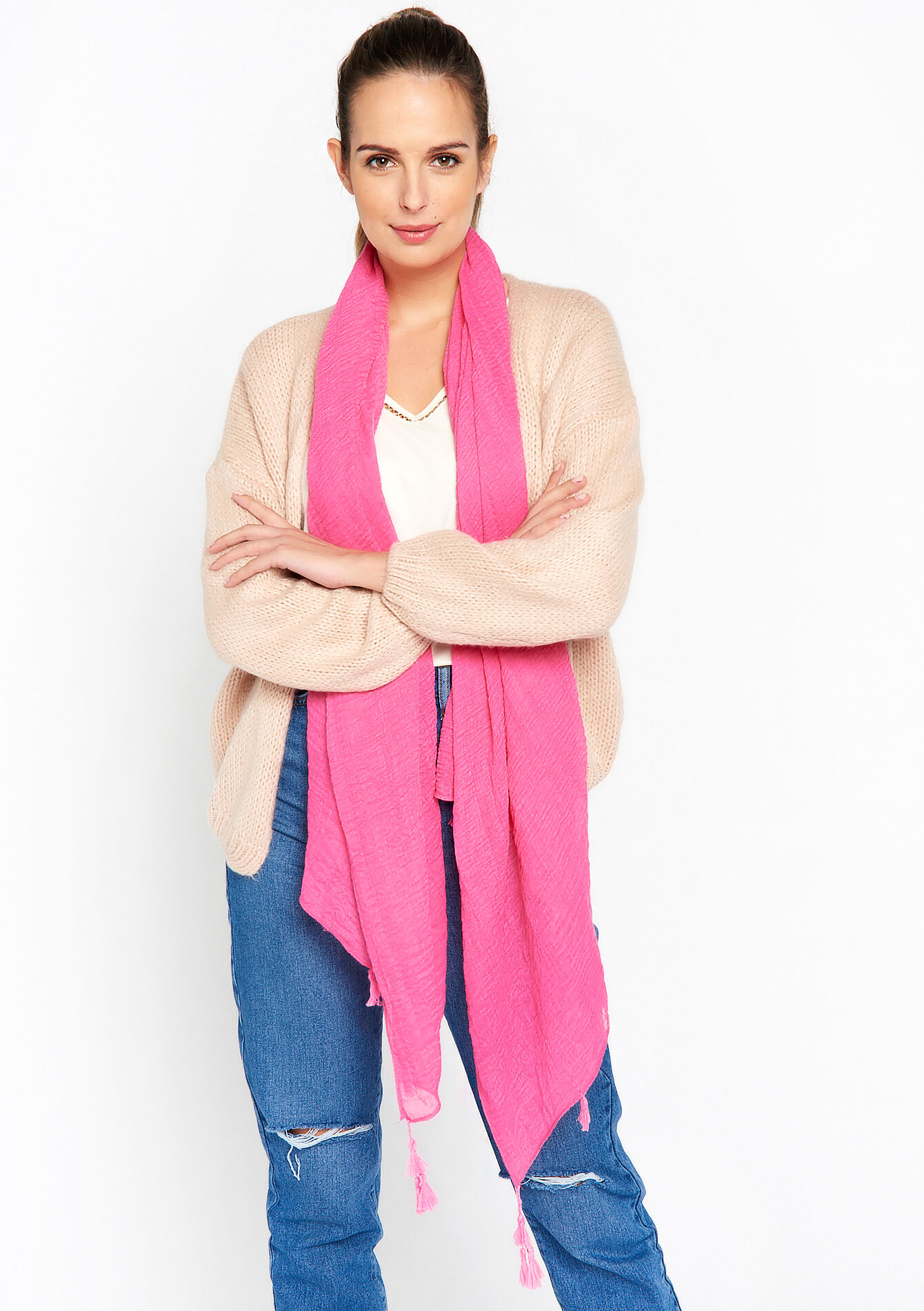 Sjaal met kwastjes - FUCHSIA - 17100894_5626