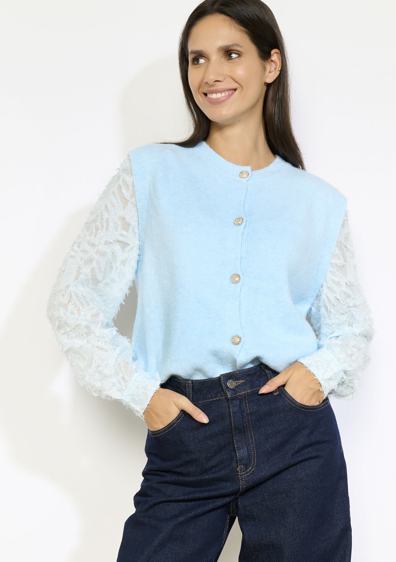 Gebreid vest met kantmouwen, Gebreid vest met kantmouwen - LT BLUE - 04007056