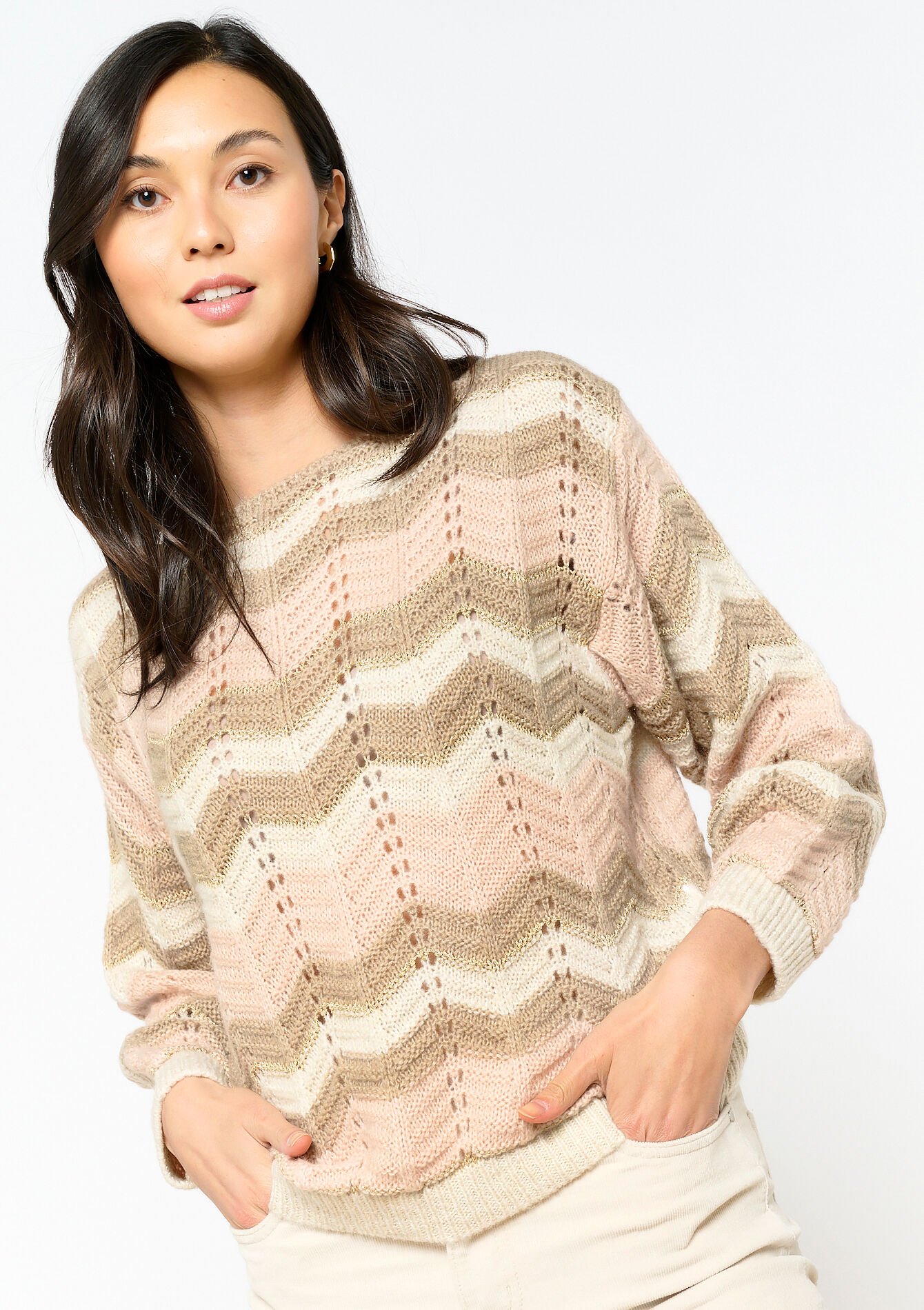 Jacquard trui met zigzag - LIGHT TAUPE - 04006340_2572