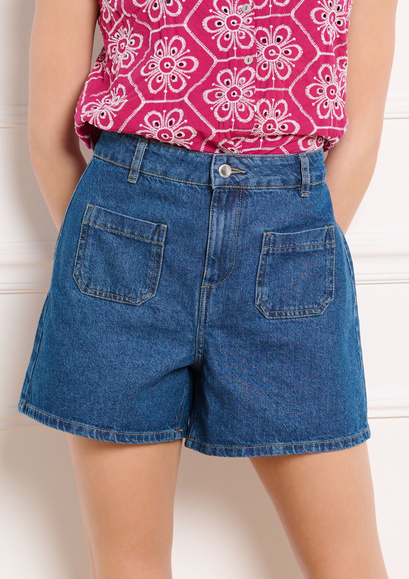 Denim short met hoge taille, Denim short met hoge taille - MEDIUM BLUE - 22000682_0500