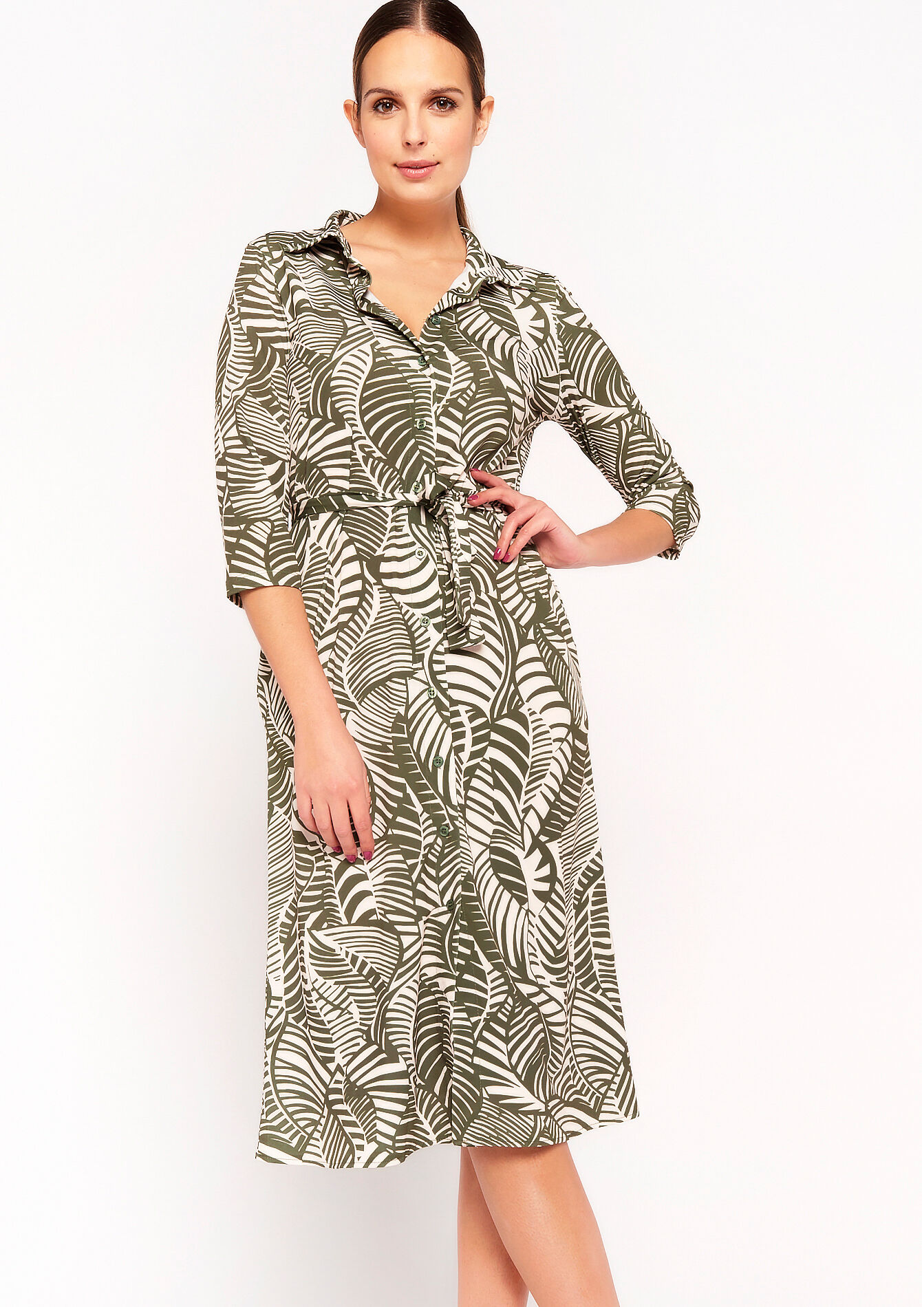 Shirt dress with leaf print - KHAKI MED - 08103202_4327
