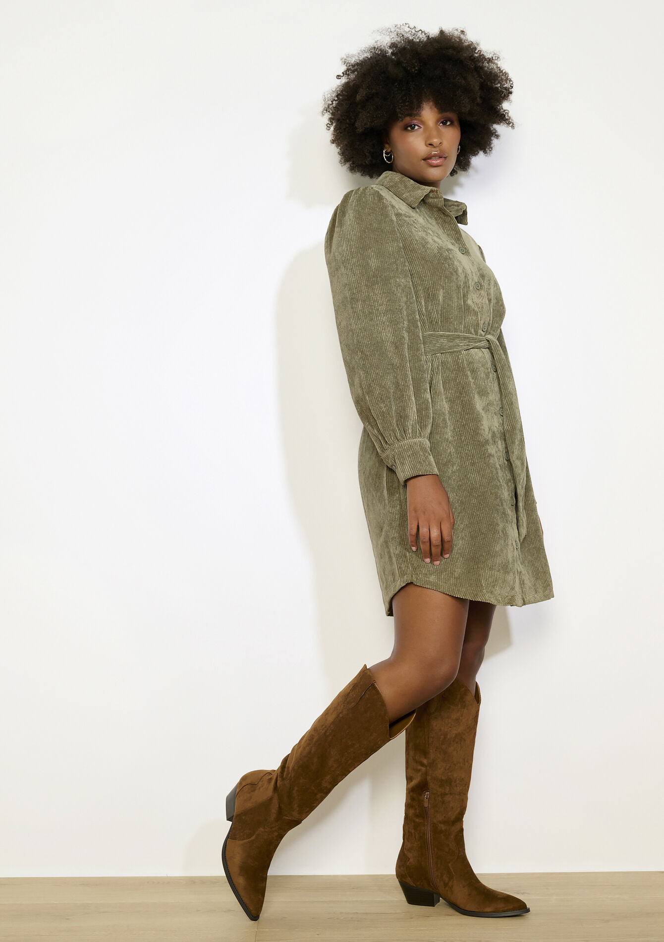 Robe chemise en velours - KHAKI MED - 08104034_4327