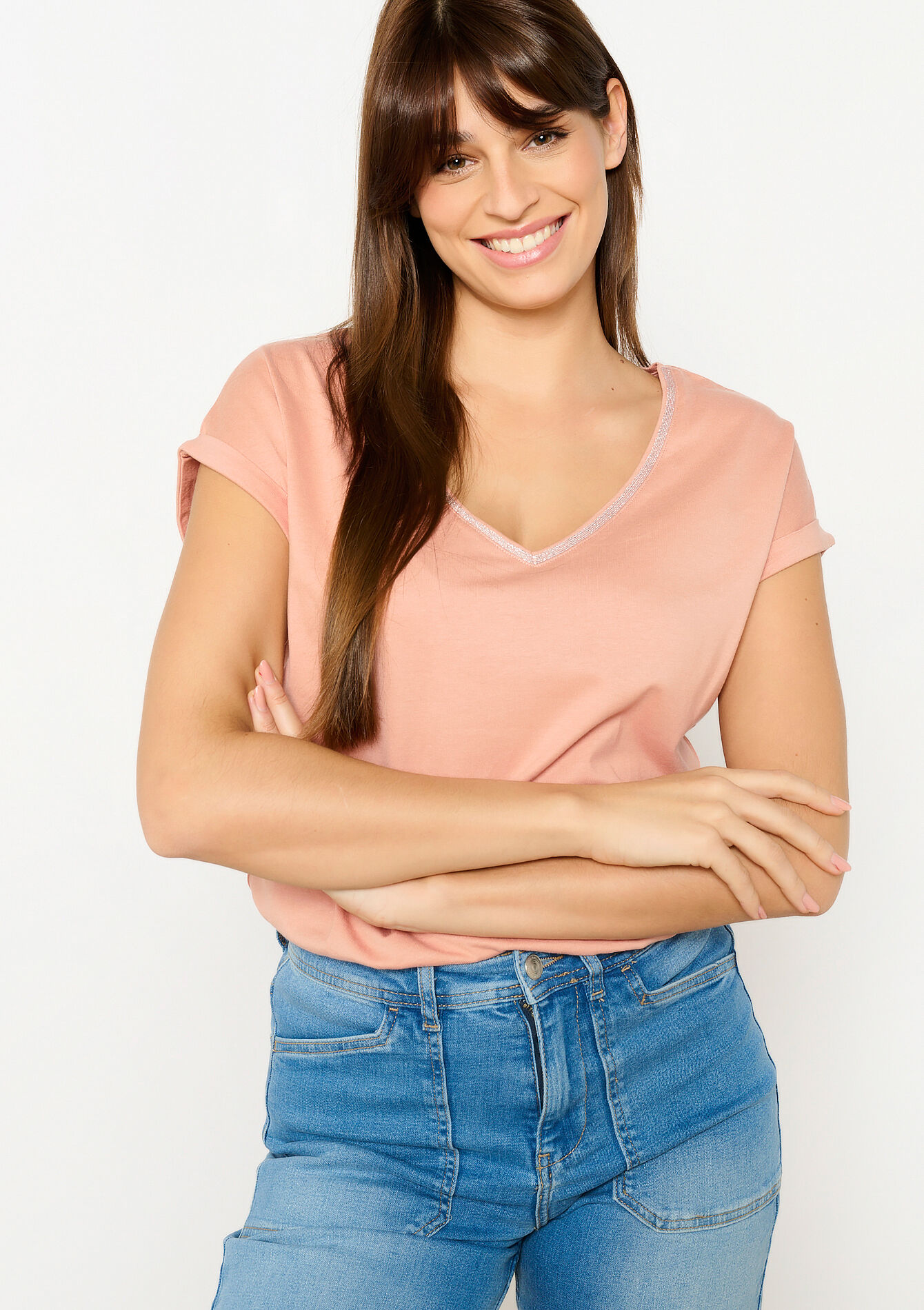 Basic T-shirt with V-neck, Basic T-shirt with V-neck - NUDE PINK - 02301634_1301