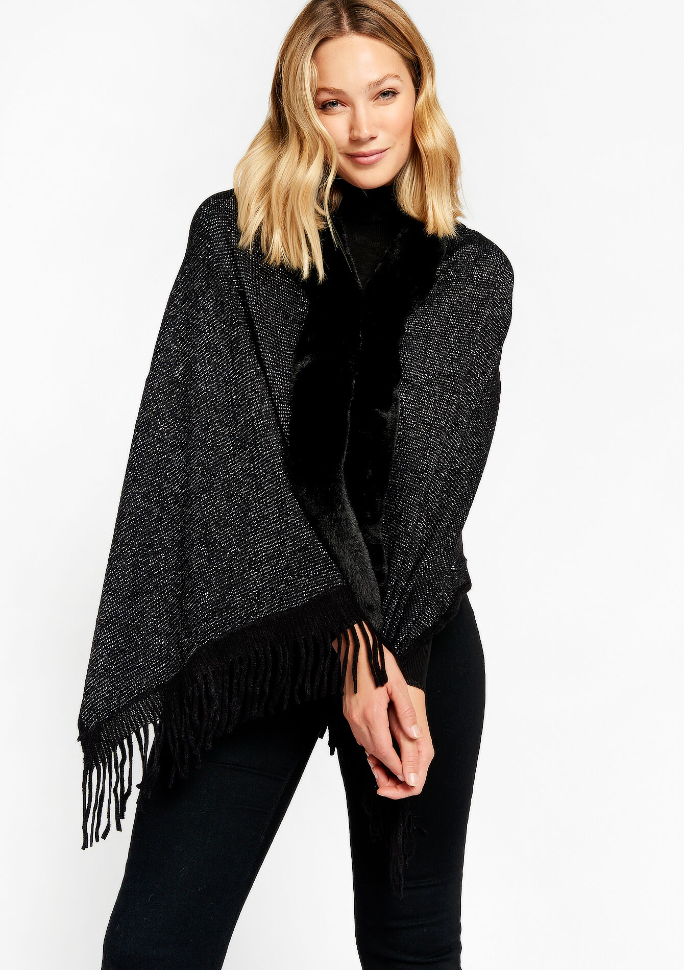 Poncho avec franges - BLACK - 1077996