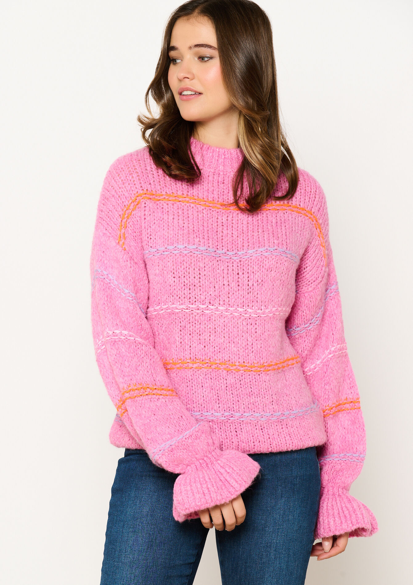 Pull à rayures avec fronces, Pull à rayures avec fronces - PINK BUBBLEGUM - 04006731_1477