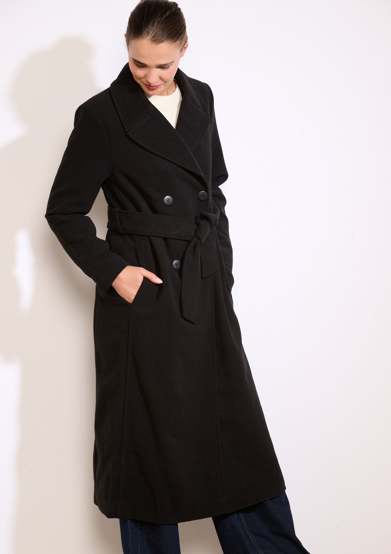 Manteau long croisé ceinturé - BLACK - 23000750_1119