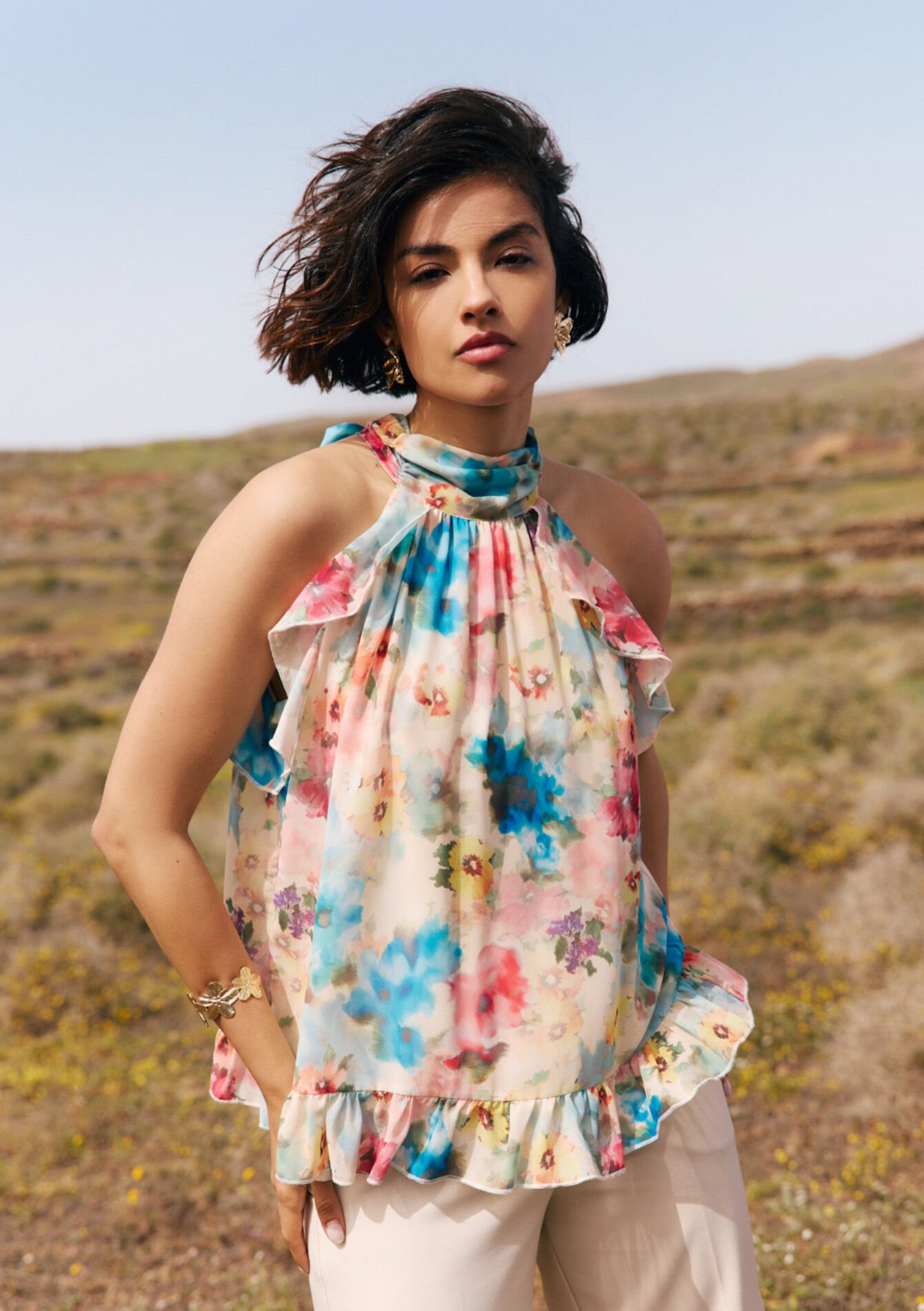 Draped neck flowing blouse, , hi-res