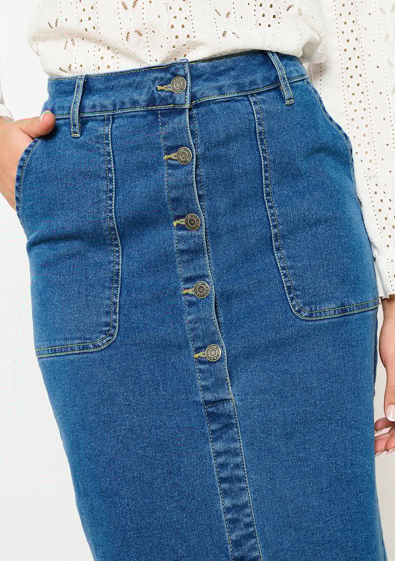 Midi denim skirt with buttons, Midi denim skirt with buttons - MEDIUM BLUE - 07101330_0500