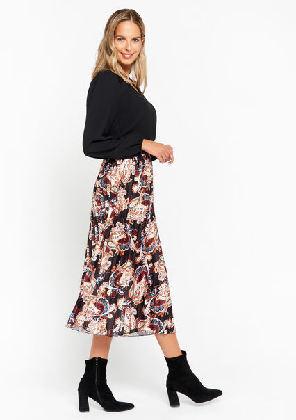 Satin pleated skirt with paisley print - BLACK - 07101034_1119