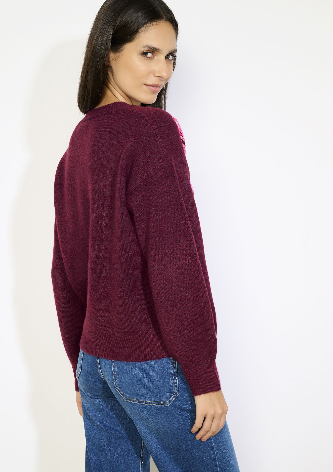 V-neck floral knit, V-neck floral knit - BORDEAUX WINE - 04006984_5514