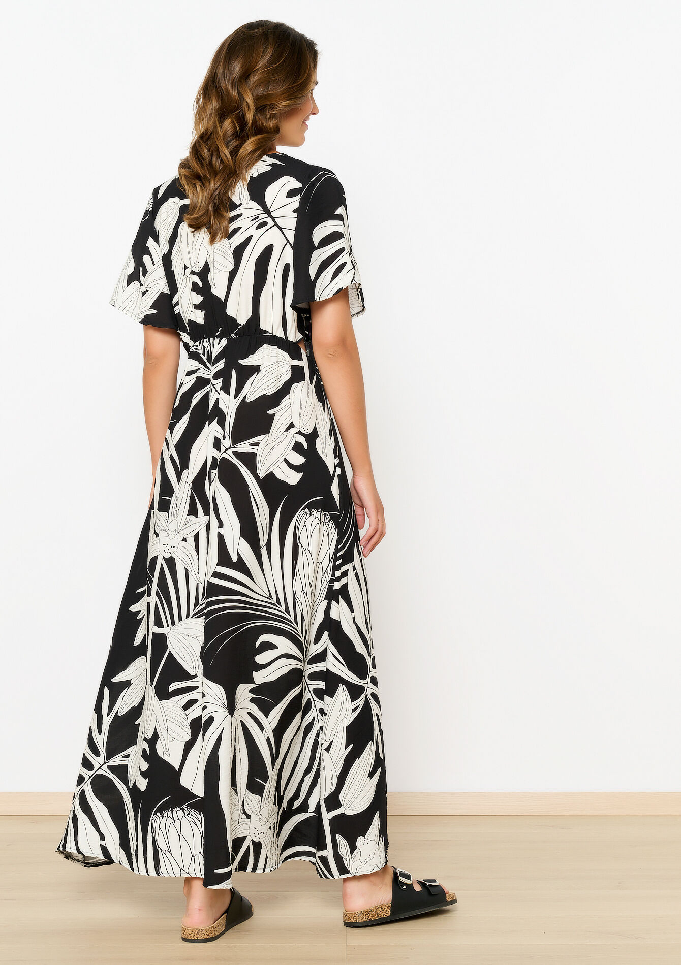 Maxi dress with leaf print, Maxi dress with leaf print - BLACK - 08103799_1119