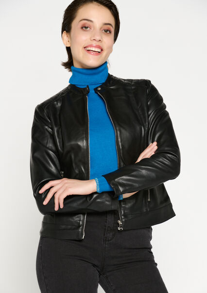Collarless faux leather jacket - BLACK - 09100761_1119