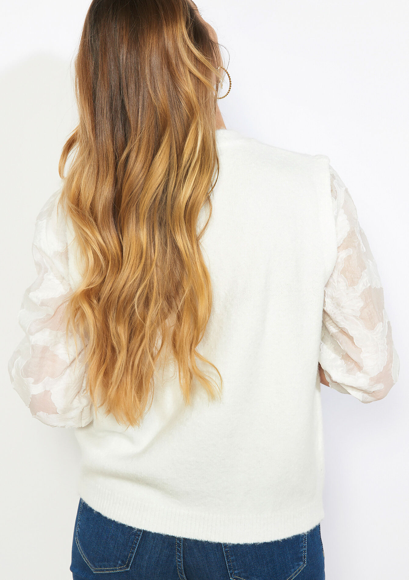 Knit top with organza sleeves - VANILLA WHITE - 04007166