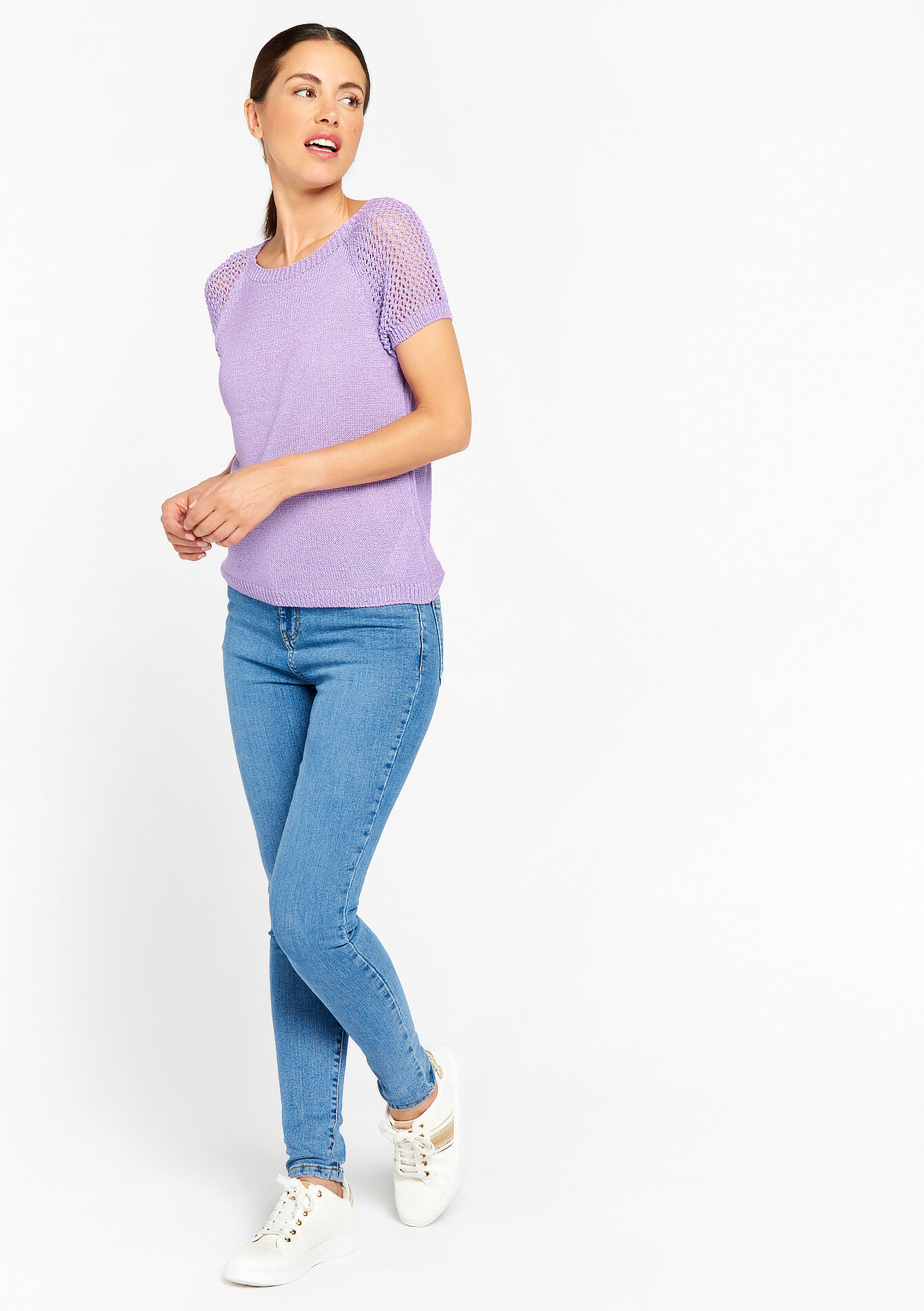 T-shirt with crocheted sleeves, T-shirt with crocheted sleeves - PASTEL LILAC - 02301461_1493