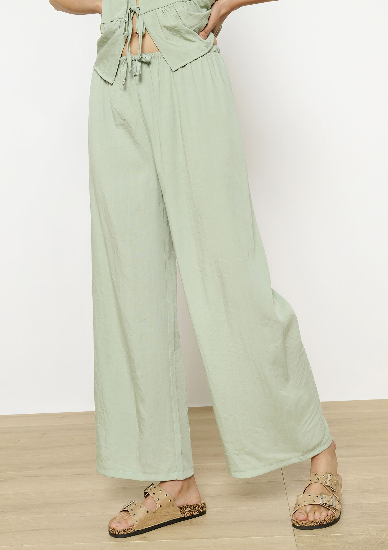 Wijde broek met elastische taille, Wijde broek met elastische taille - MINT GREEN - 06600990_1723