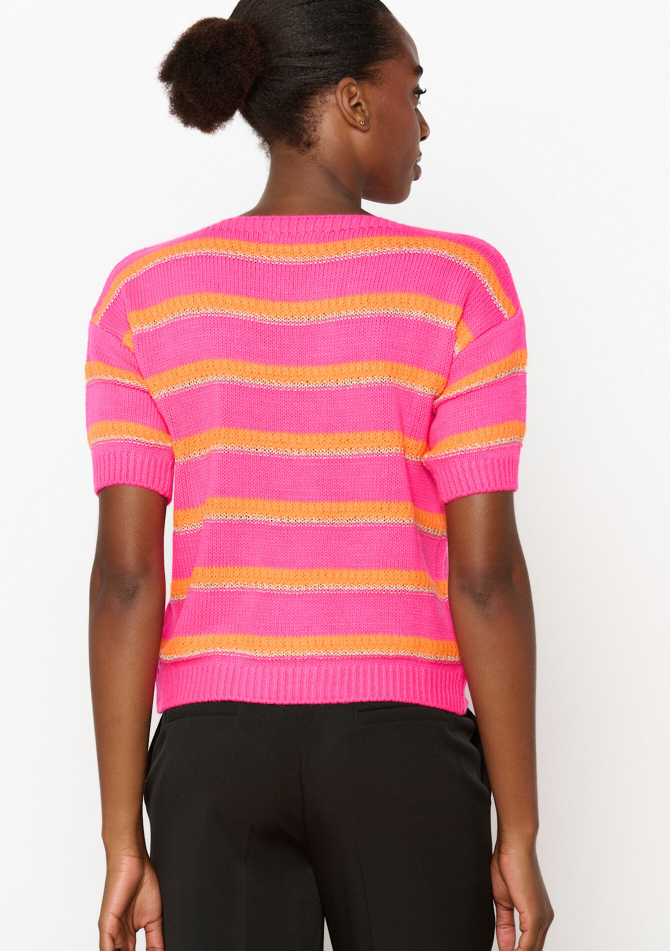 Opengewerkte trui met strepen, Opengewerkte trui met strepen - FLUO PINK - 04006681_5727