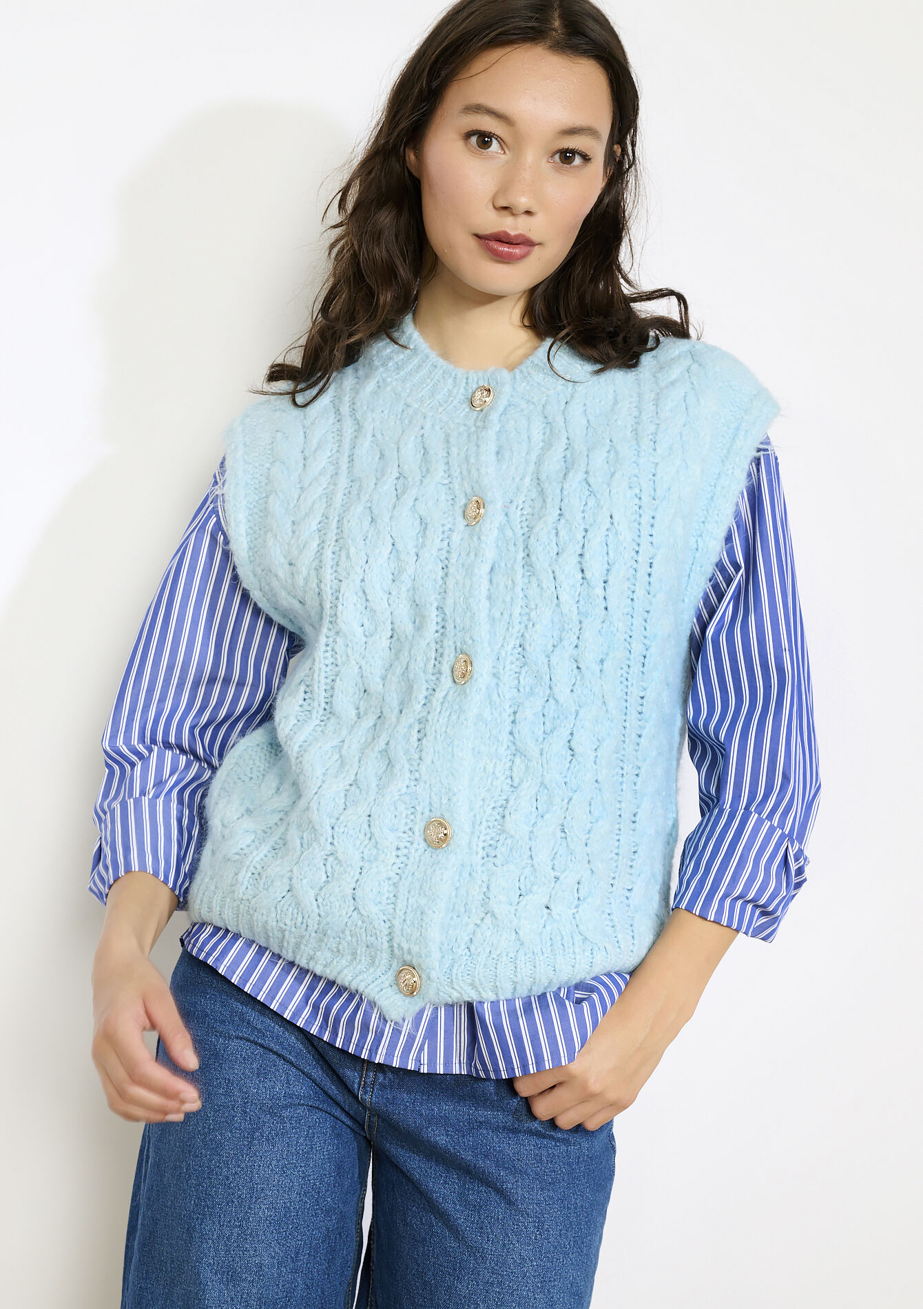 Cable knit sleeveless vest, Cable knit sleeveless vest - BLUE PASTEL - 04101372_3003