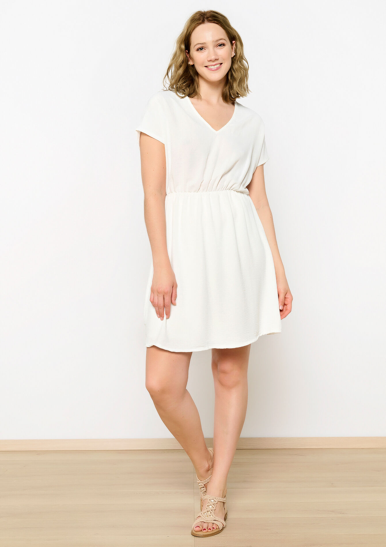 Robe courte avec détail en macramé - OPTICAL WHITE - 08103660_1019