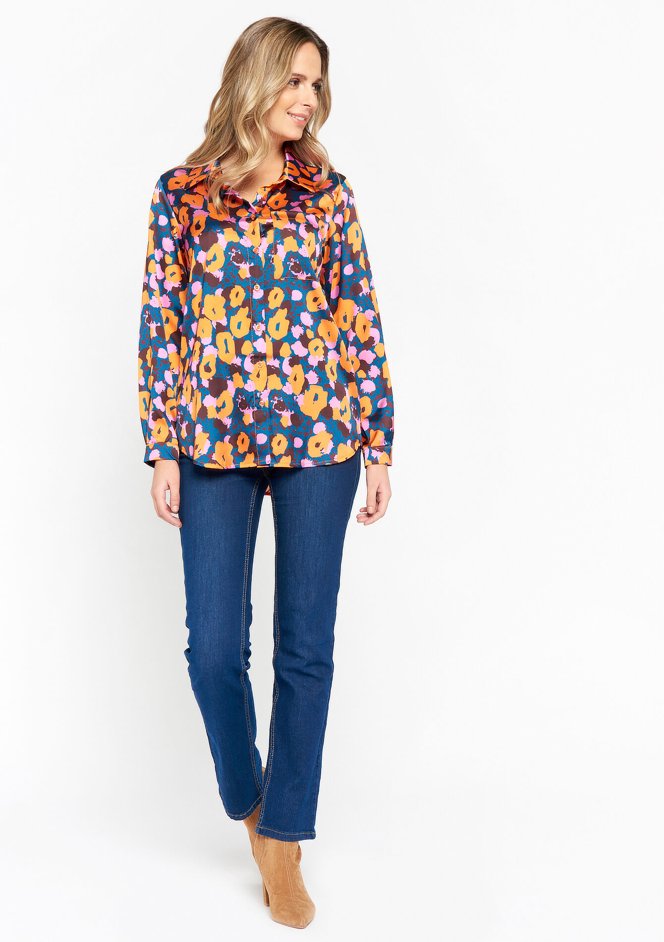 Satin shirt with print, Satin shirt with print - RED ORANGE - 05702113_1397