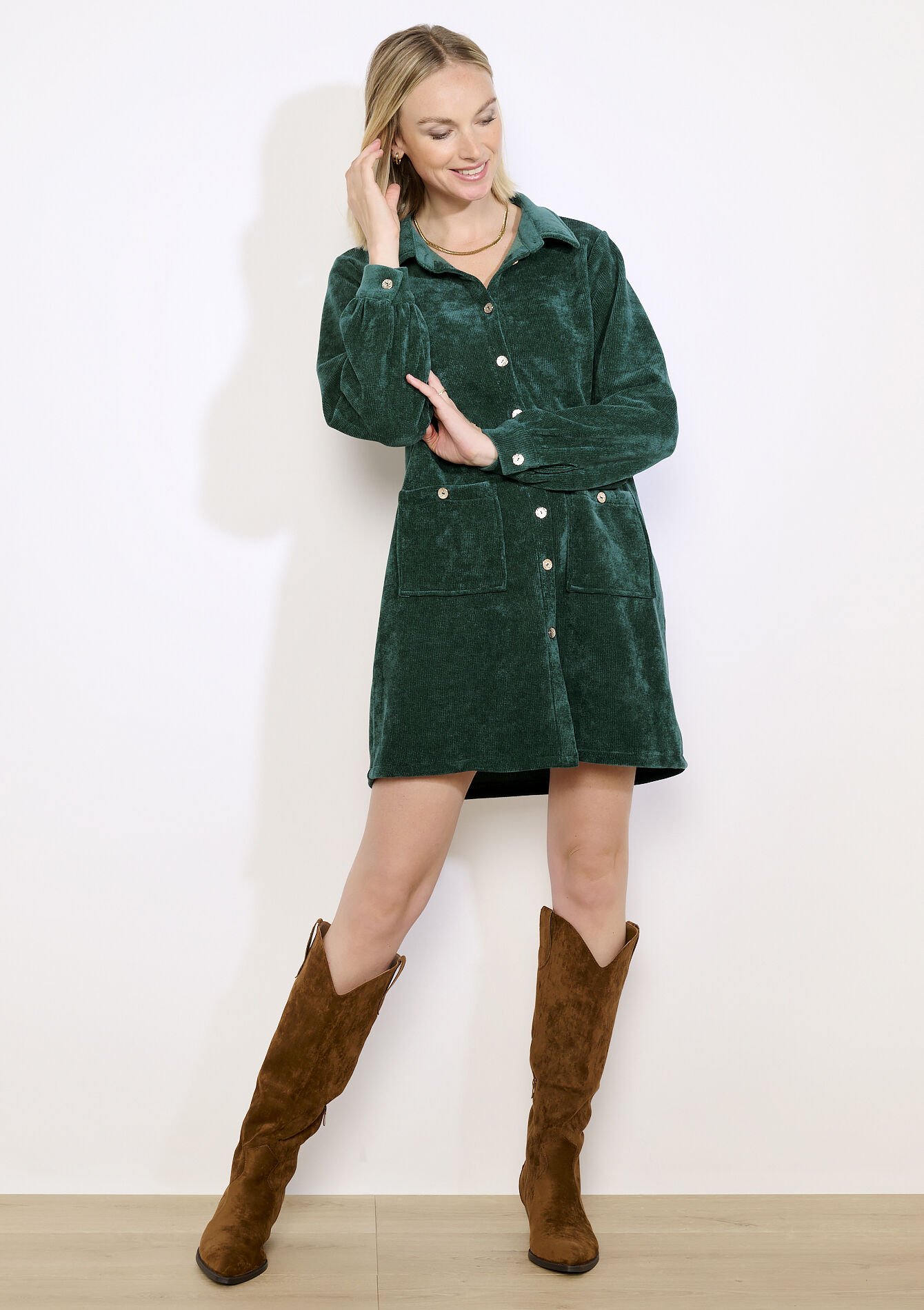 Robe chemise en velours, Robe chemise en velours - BOTTLE GREEN - 08104417_1778