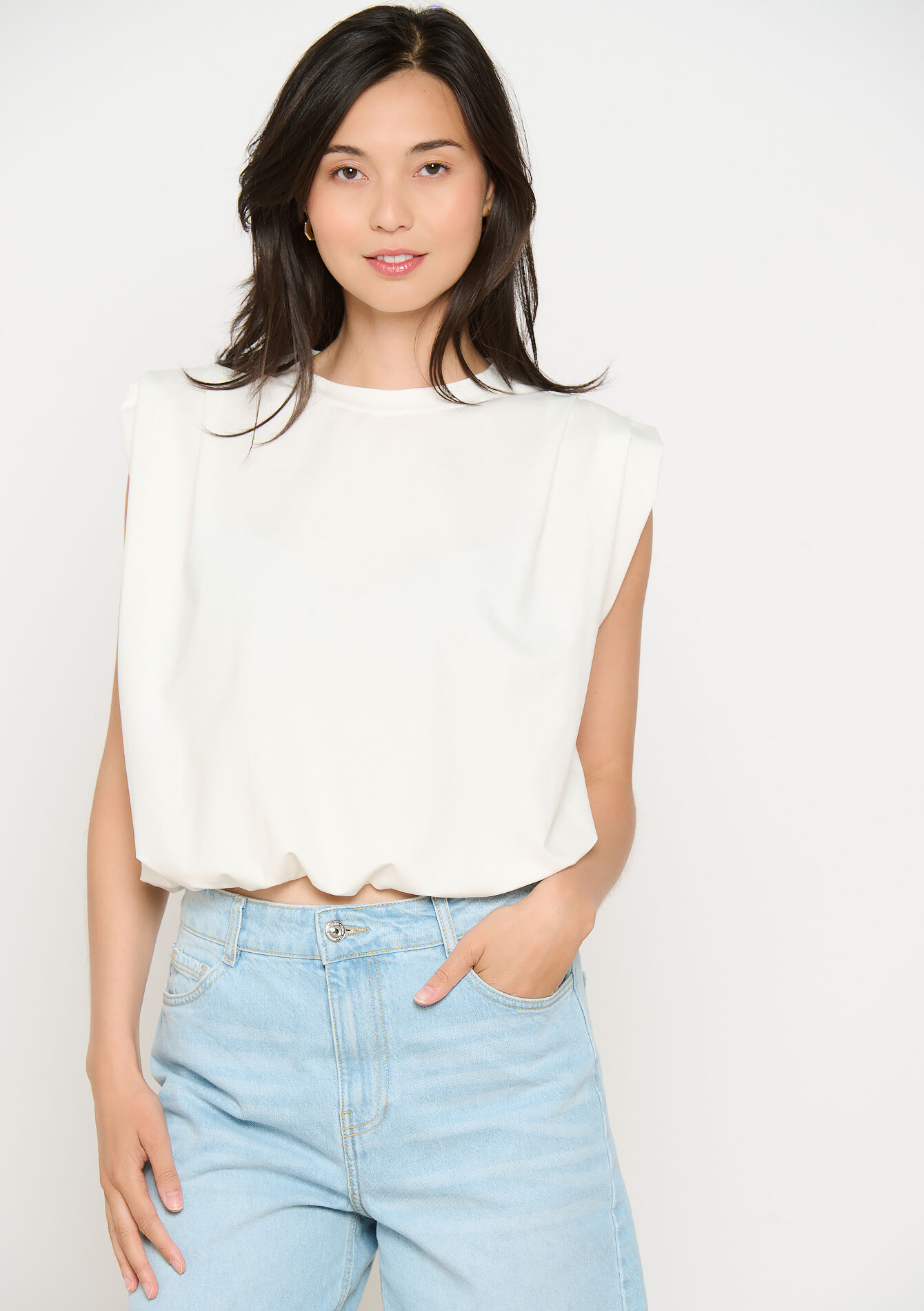 Soepelvallende top zonder mouwen, Soepelvallende top zonder mouwen - OPTICAL WHITE - 02200507