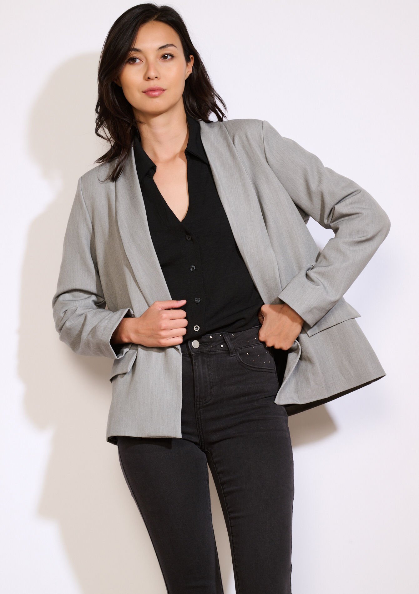 Losvallende open blazer - GREY MED MEL - 09101106_3507