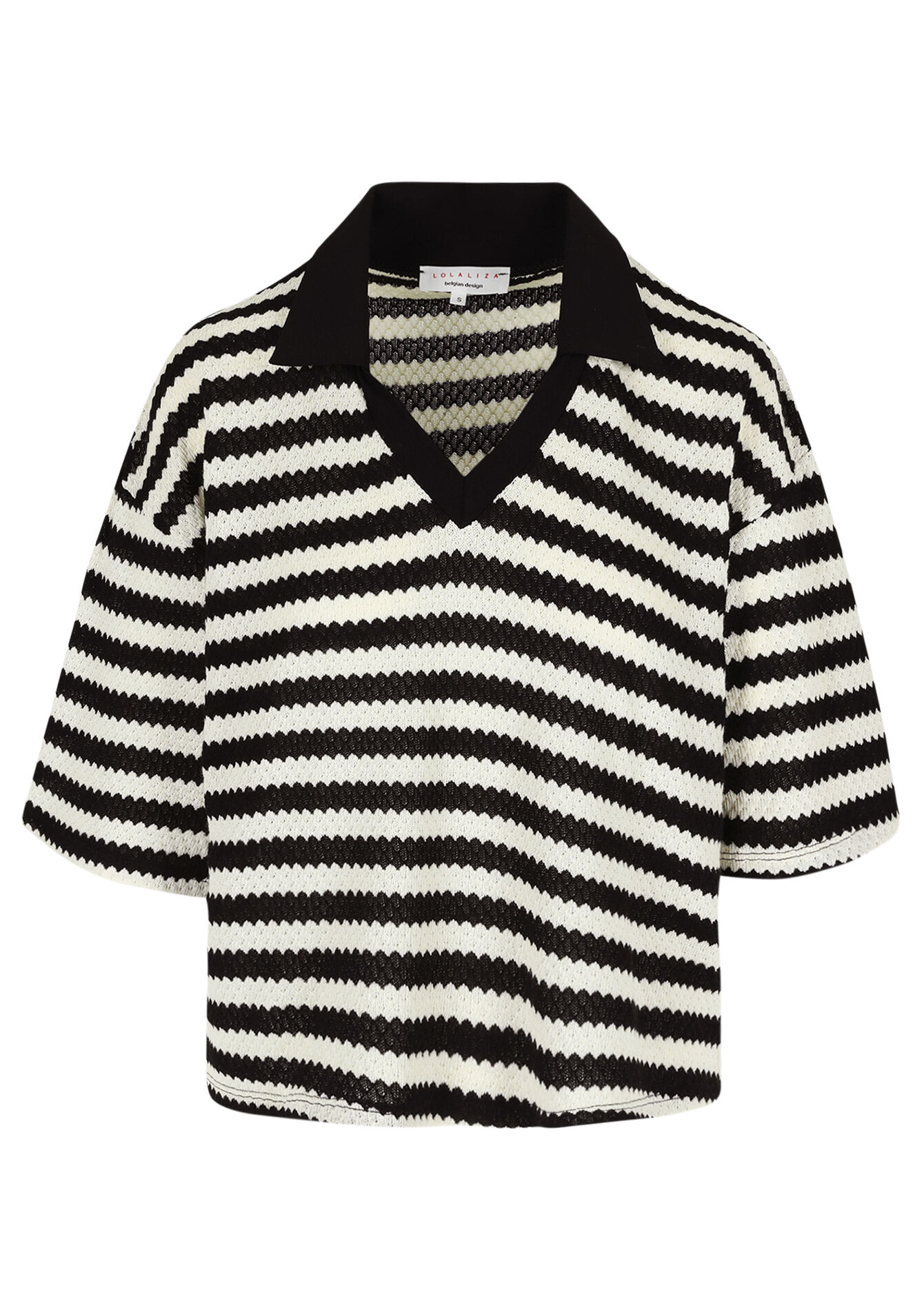 Striped polo collar top, Striped polo collar top - BLACK - 02301781_1119