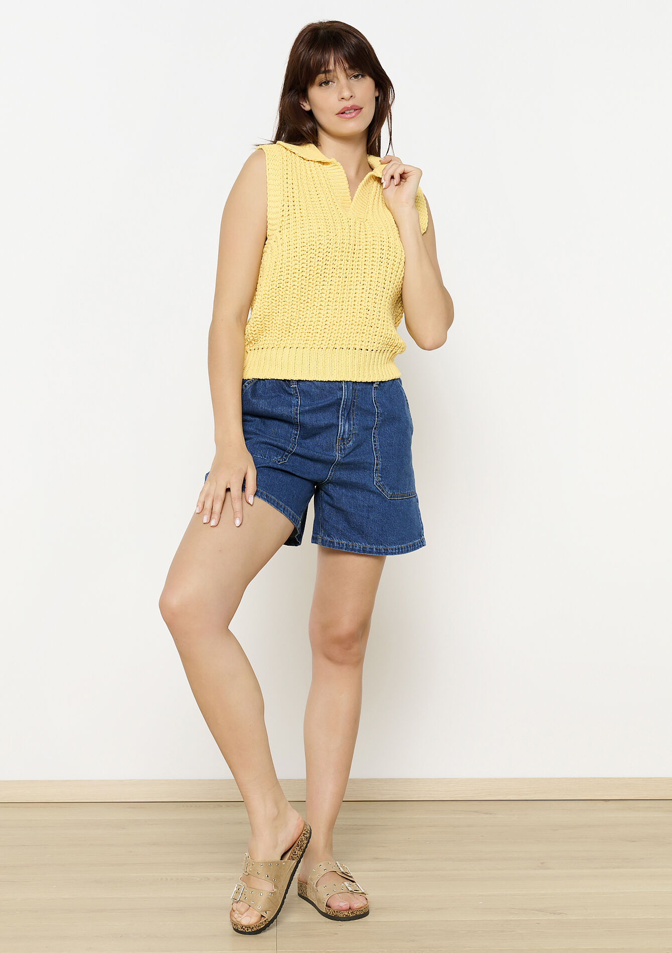 Open-knit sleeveless polo top, Open-knit sleeveless polo top - YELLOW SUN - 04006959_5007