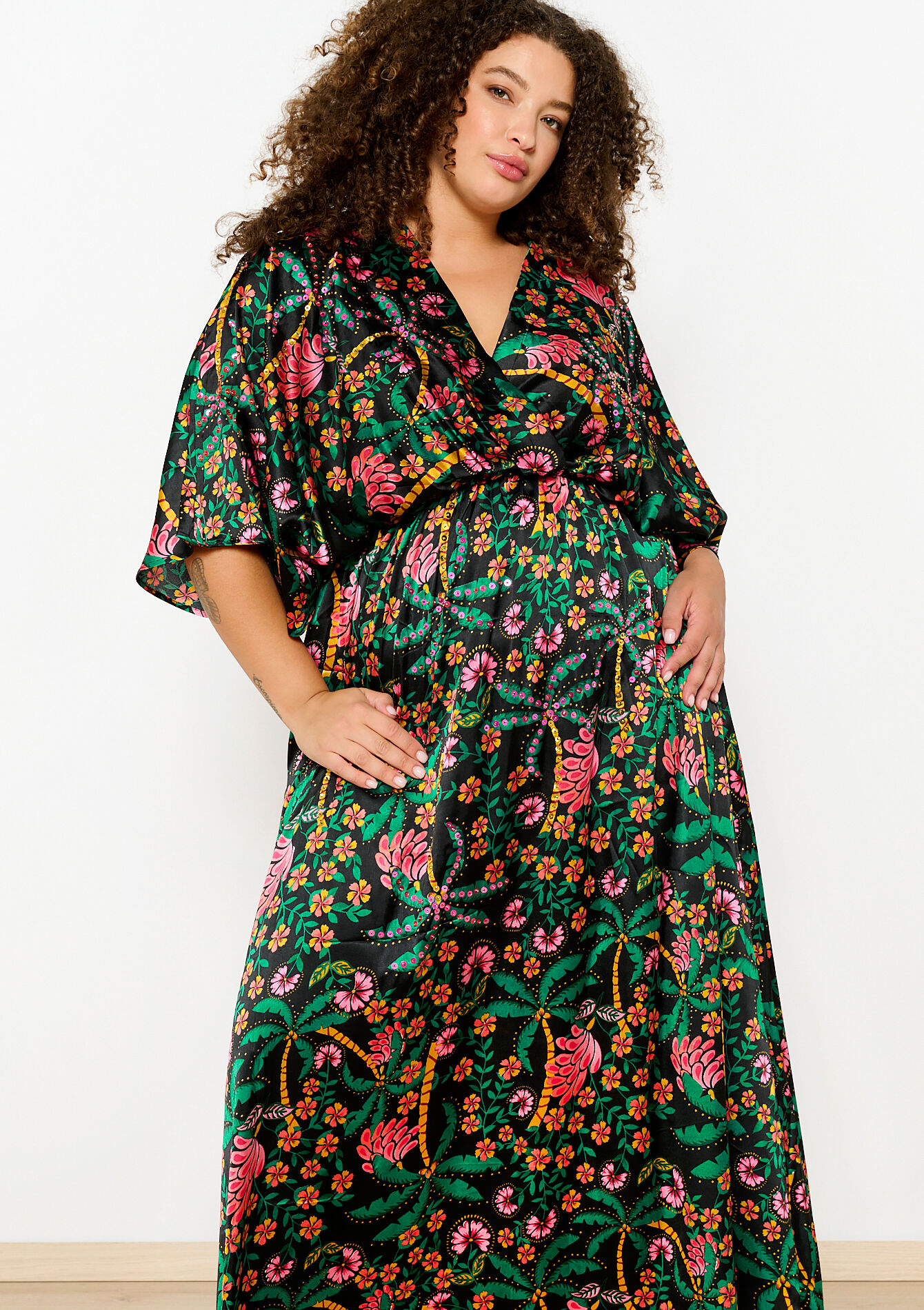 Satin dress with floral print, Satin dress with floral print - BLACK - 08602317_1119