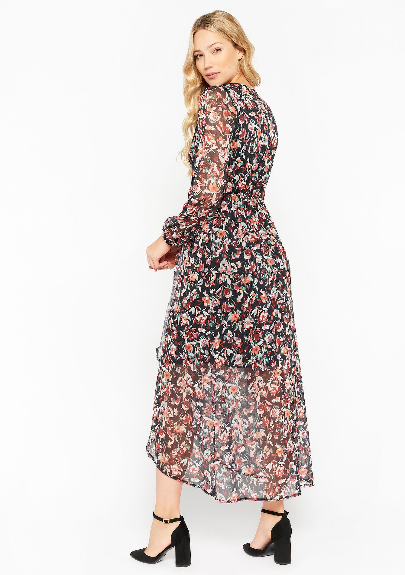 Maxi wrap dress with floral print - BLACK - 08601878_1119