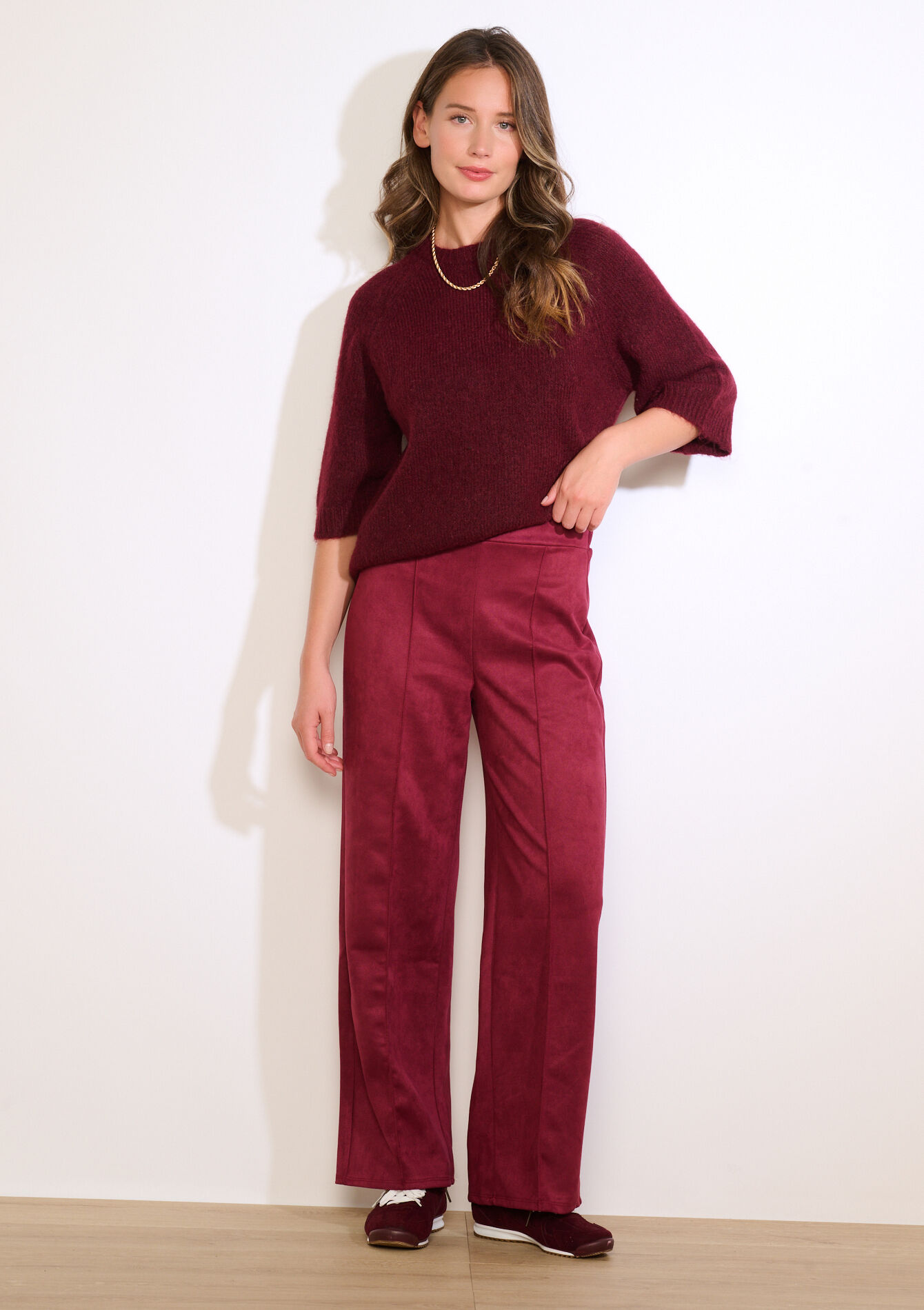 Suèdelook broek met wijde pijp, Suèdelook broek met wijde pijp - AUBERGINE - 06601080_1537