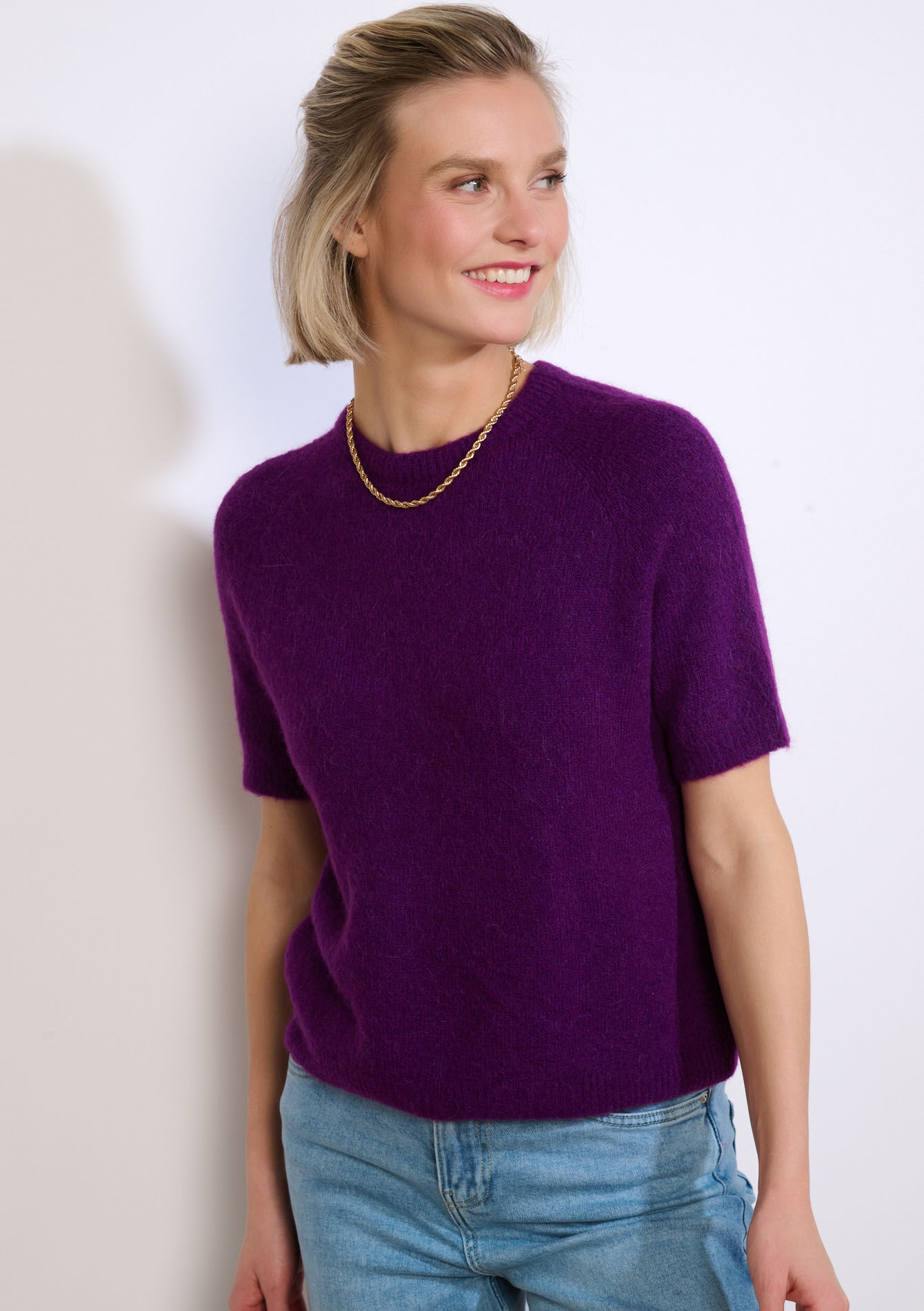 Gebreide trui met korte mouw - PURPLE - 04007206_5902