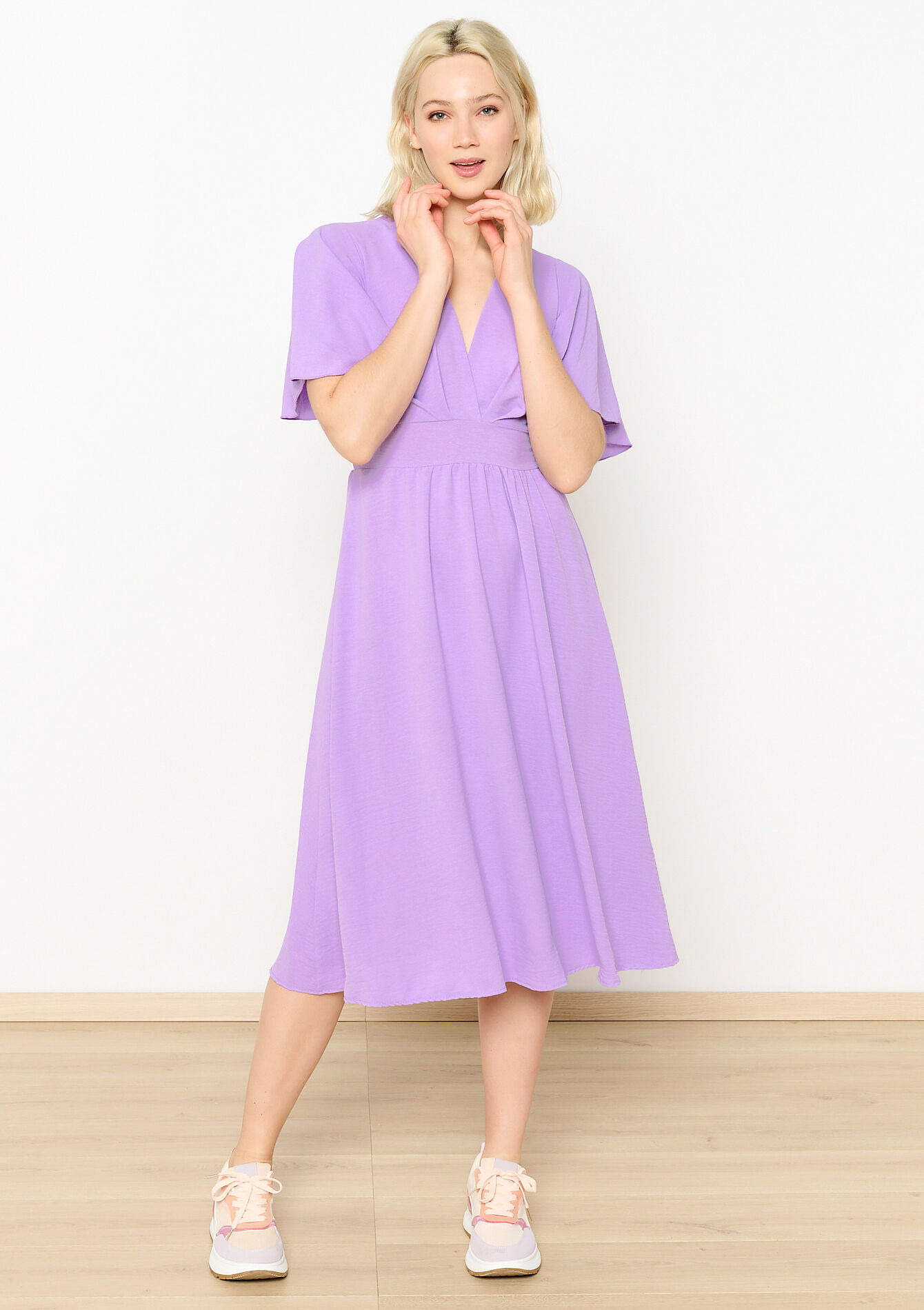 Midi dress with V-neck, Midi dress with V-neck - PASTEL LILAC - 08103534