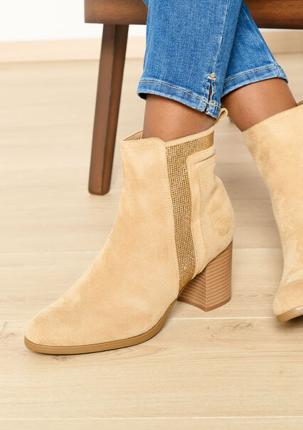 Suede ankle boots with rhinestones - BEIGE SAND - 13100252_1940