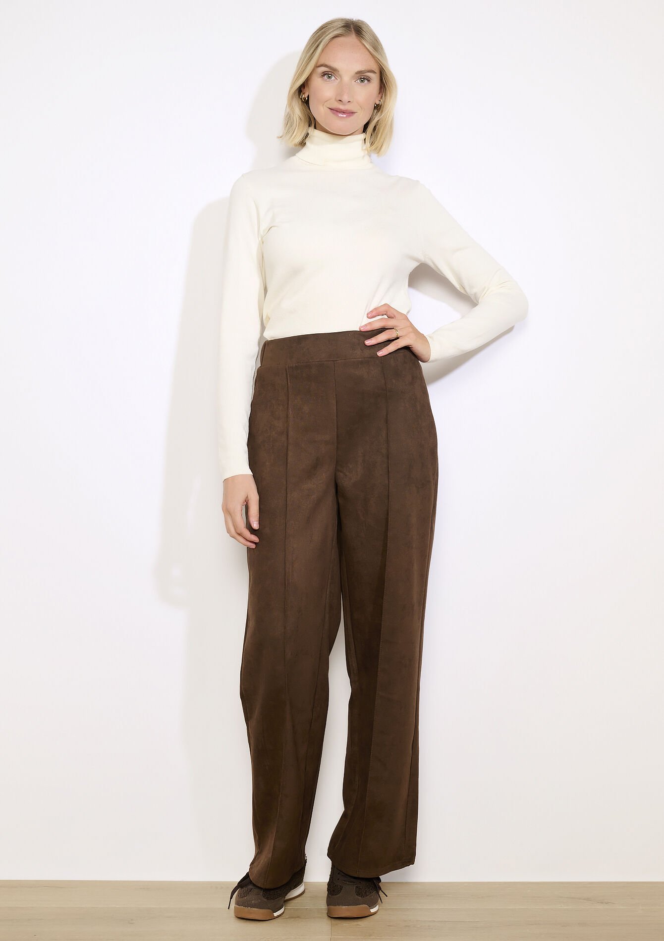Wide-leg suede-effect pants, Wide-leg suede-effect pants - BROWN DARK CHOCOLATE - 06601080_3720