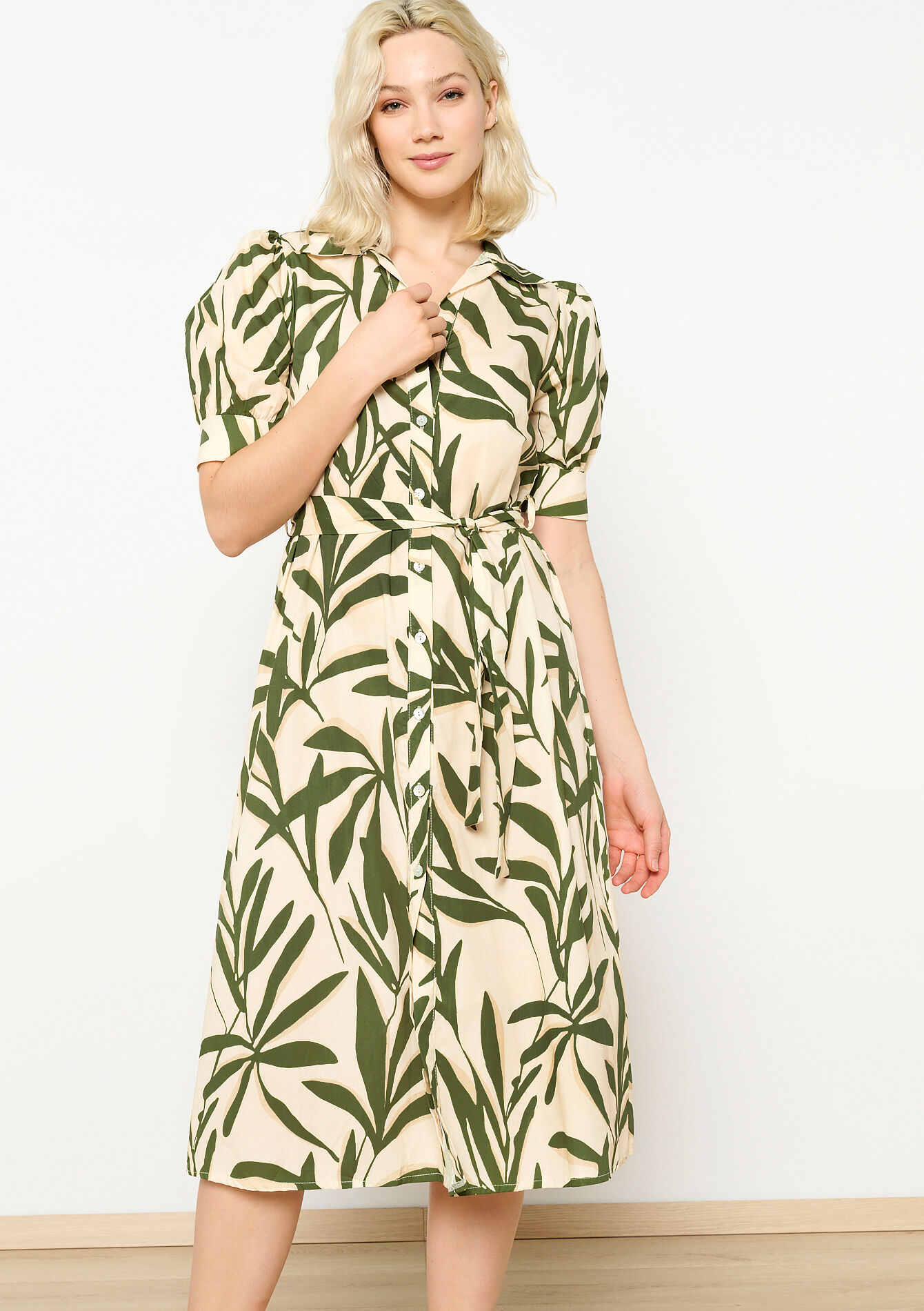 Robe-chemise à imprimé feuilles, Robe-chemise à imprimé feuilles - VANILLA WHITE - 08103541_1013