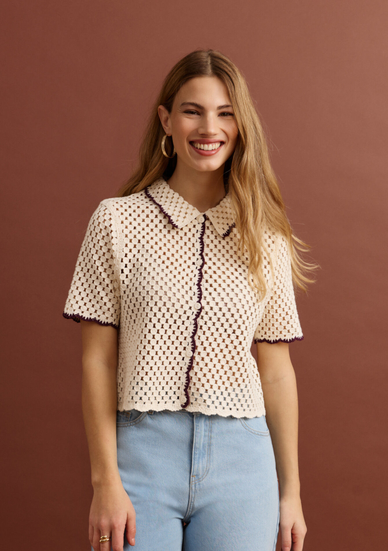 Top crochet à manches courtes, , hi-res