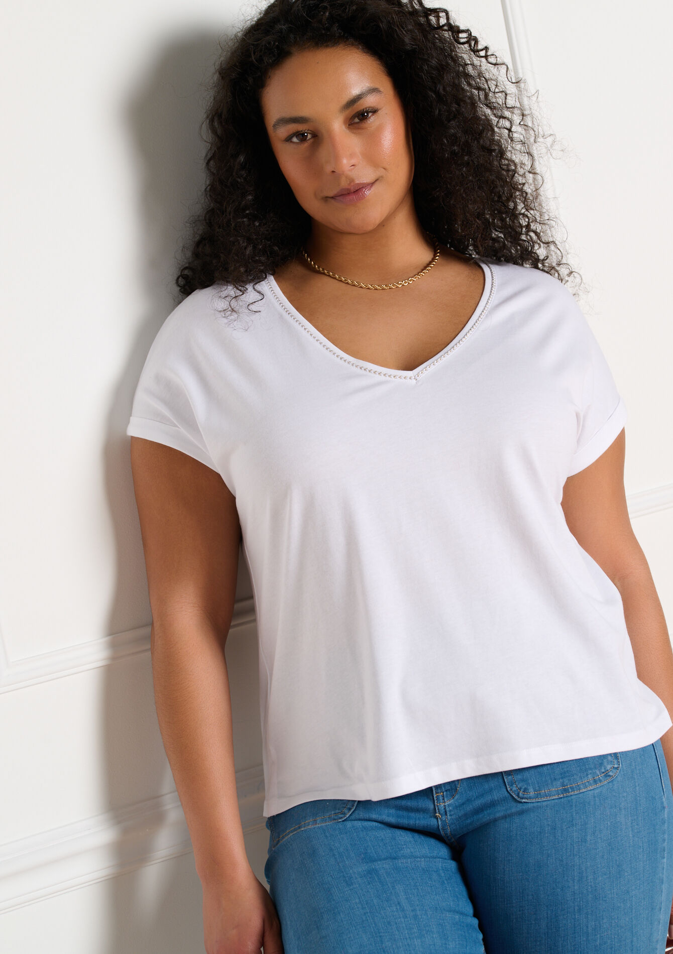T-shirt met V-hals - OPTICAL WHITE - 02301937_1019