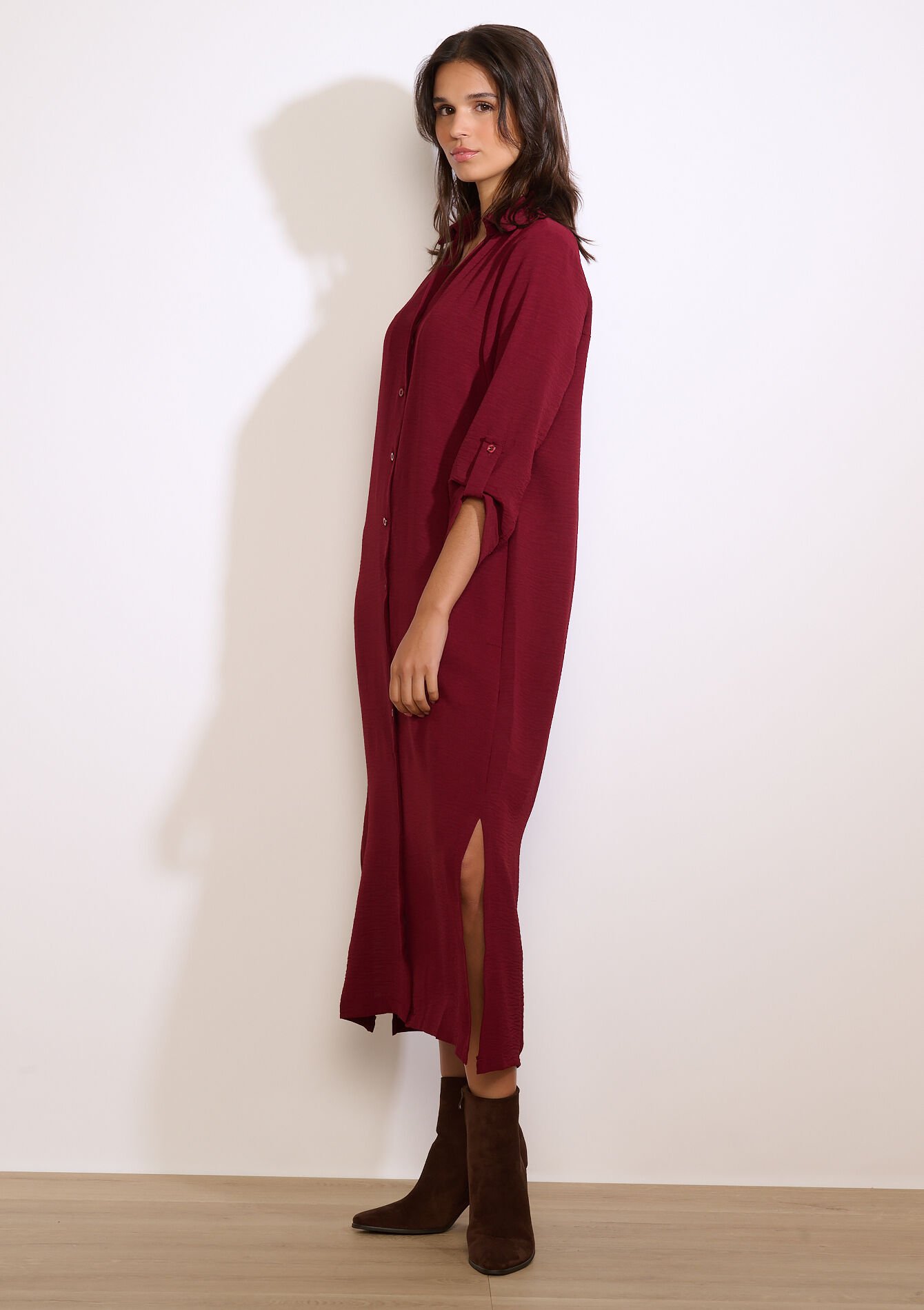 Long slit shirt dress - BORDEAUX WINE - 08104399_5514