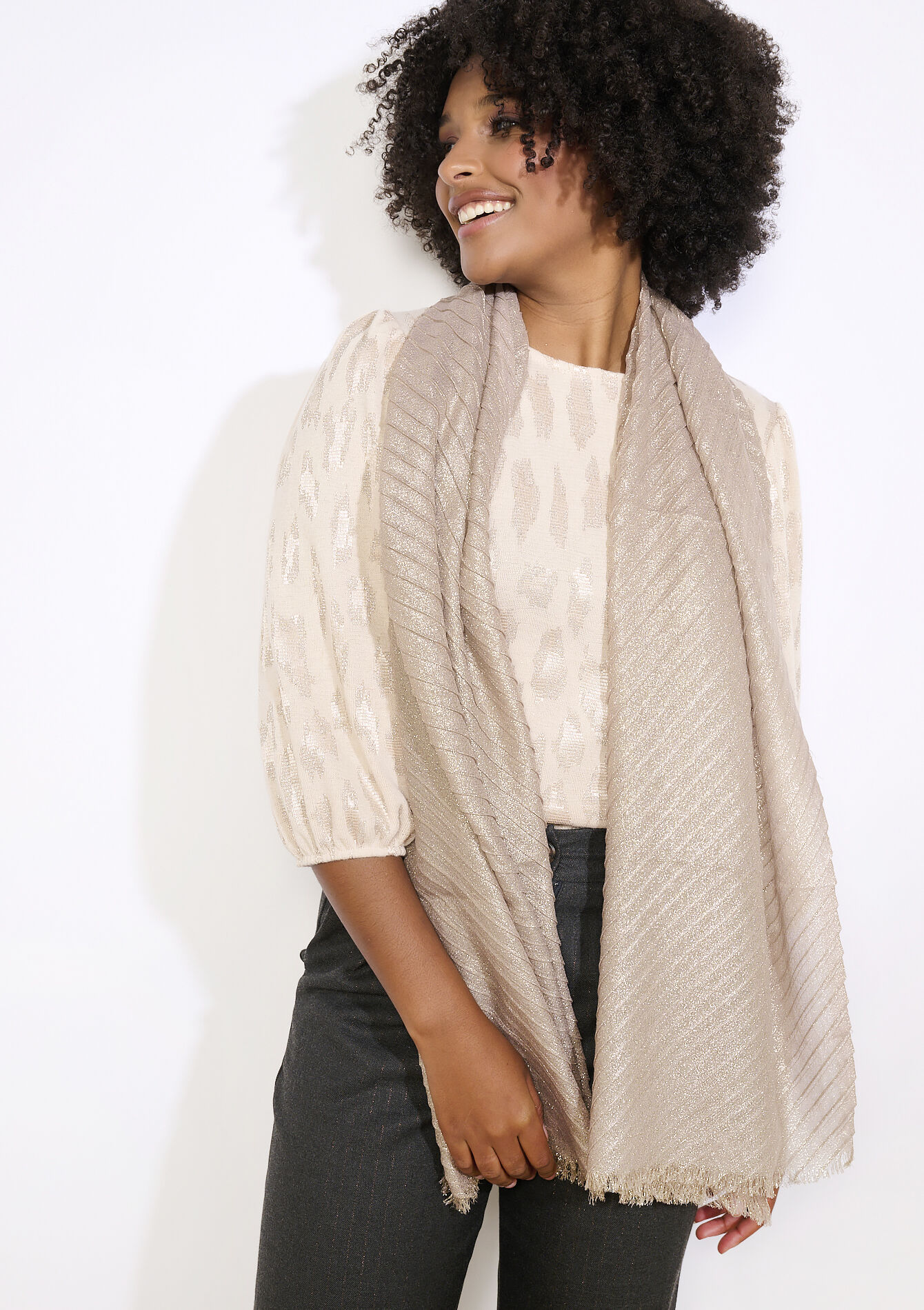 Glanzende geweven sjaal, Glanzende geweven sjaal - LT TAUPE MEL - 17101360_1033